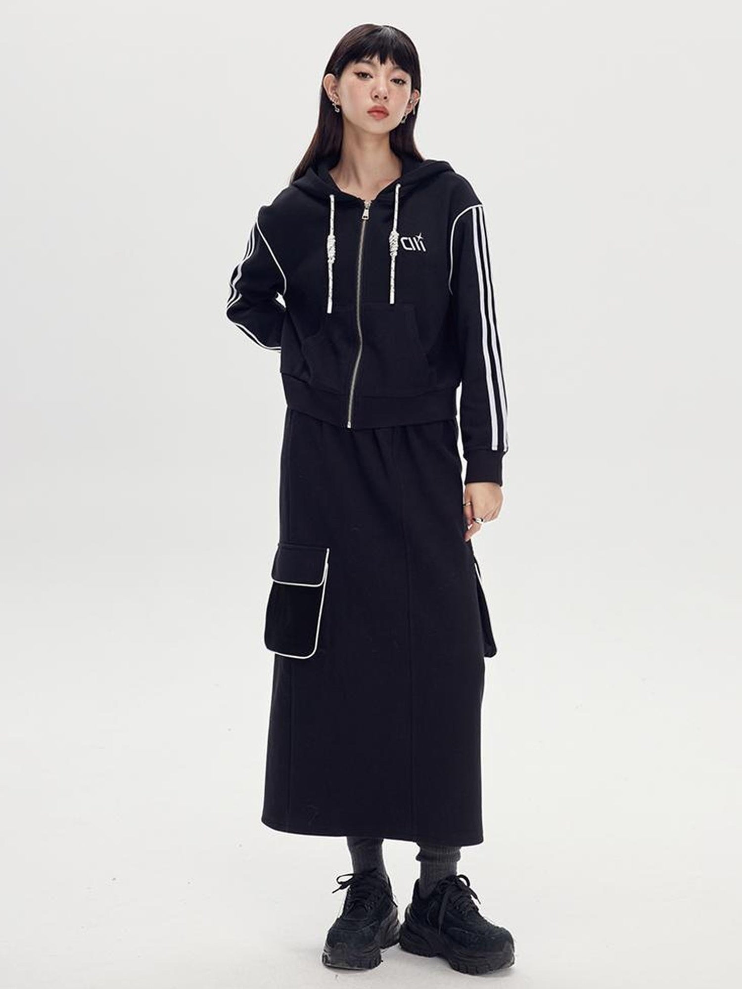 DIDDI MODA Retro Colorblock Embroidered Hoodie Skirt Set