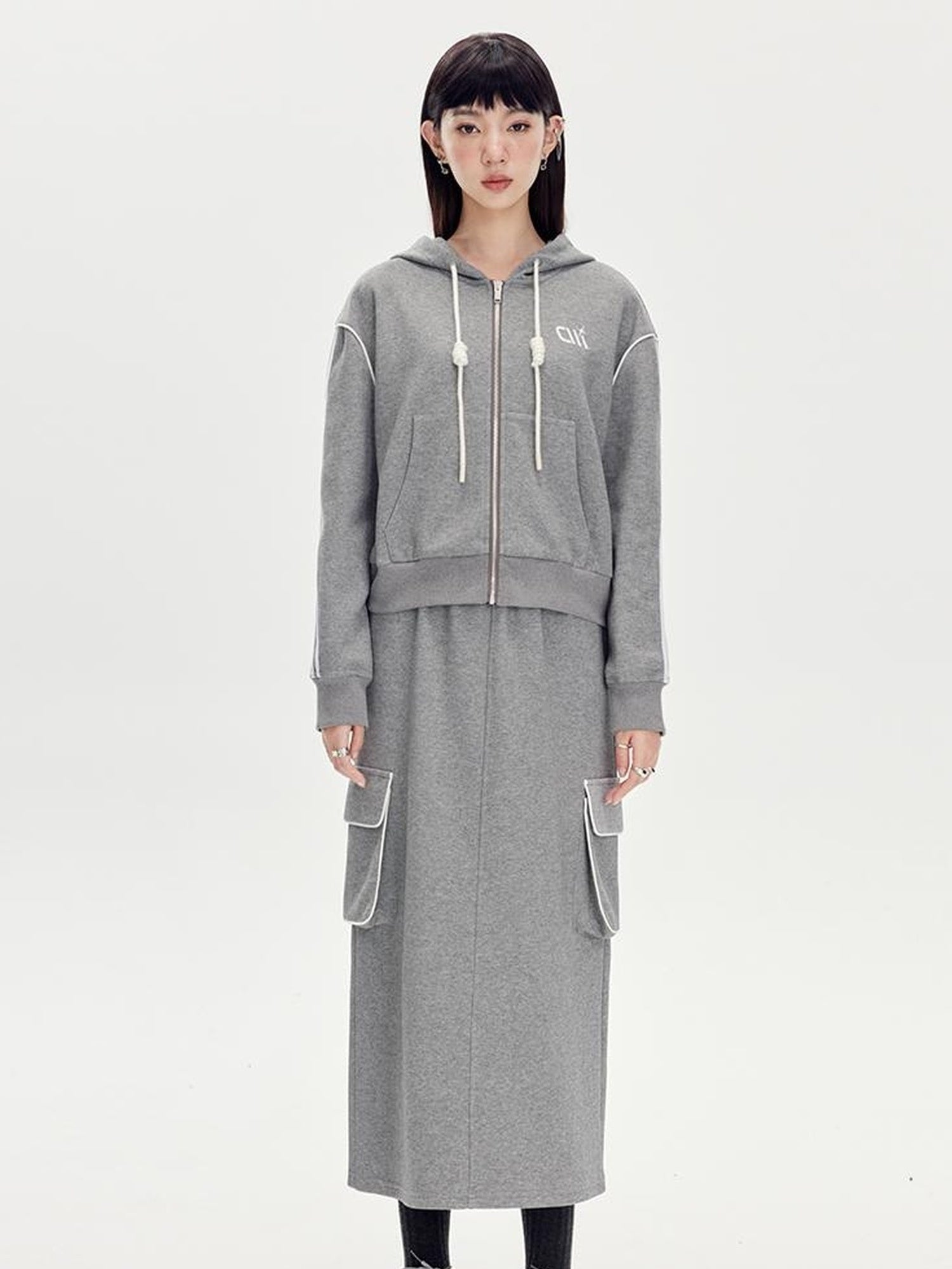 DIDDI MODA Retro Colorblock Embroidered Hoodie Skirt Set