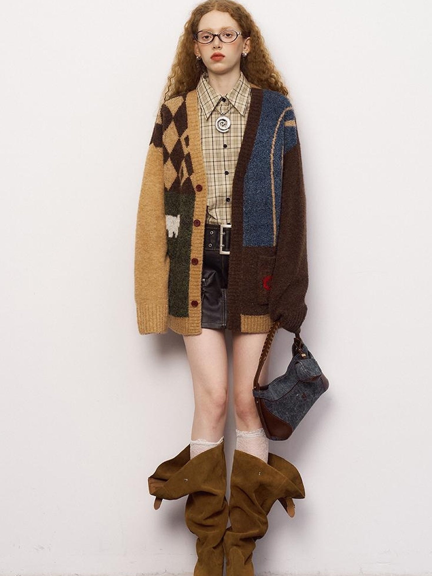 DIDDI MODA Retro Colorblock Geometric V Neck Knit Sweater