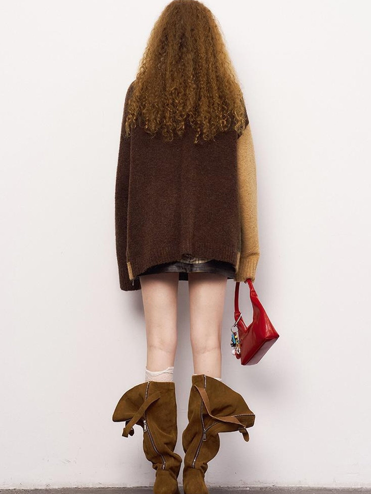 DIDDI MODA Retro Colorblock Geometric V Neck Knit Sweater