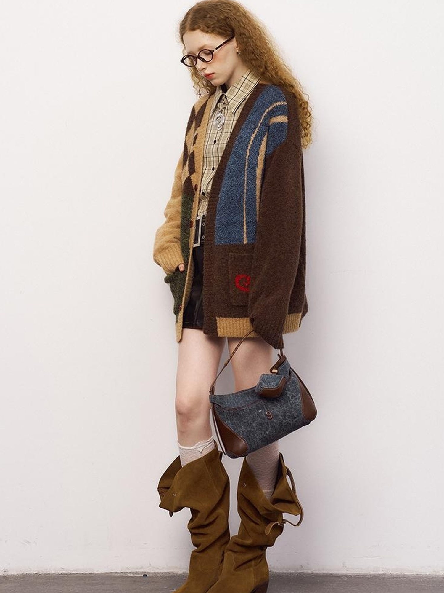 DIDDI MODA Retro Colorblock Geometric V Neck Knit Sweater