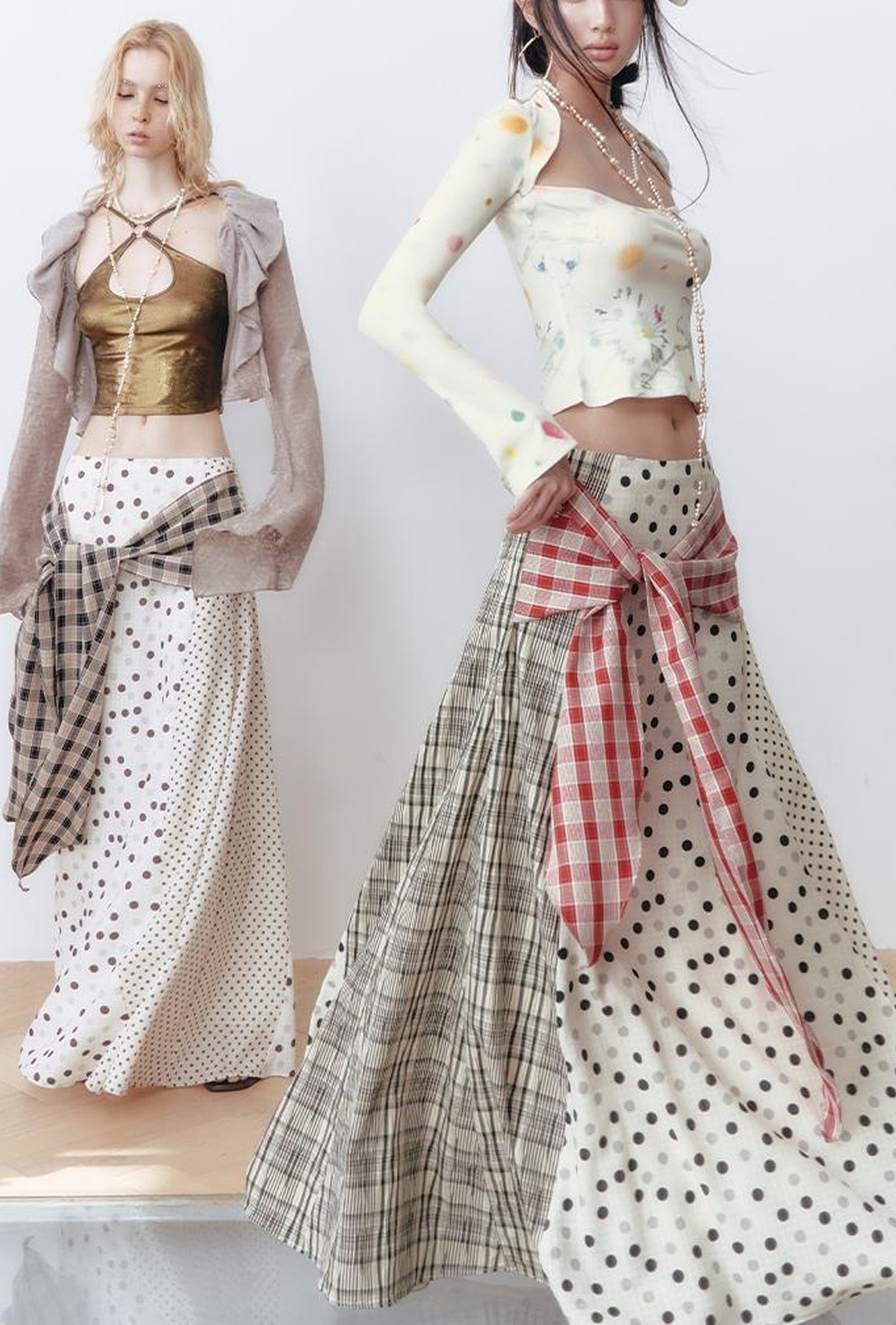 OfAkiva Retro Cute Polka Dot Patchwork Plaid Casual Midi Skirt