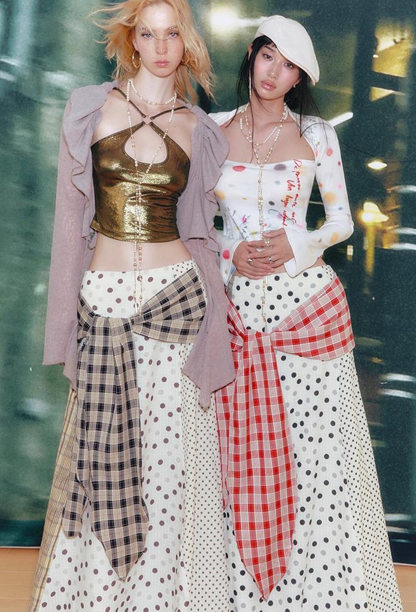 OfAkiva Retro Cute Polka Dot Patchwork Plaid Casual Midi Skirt