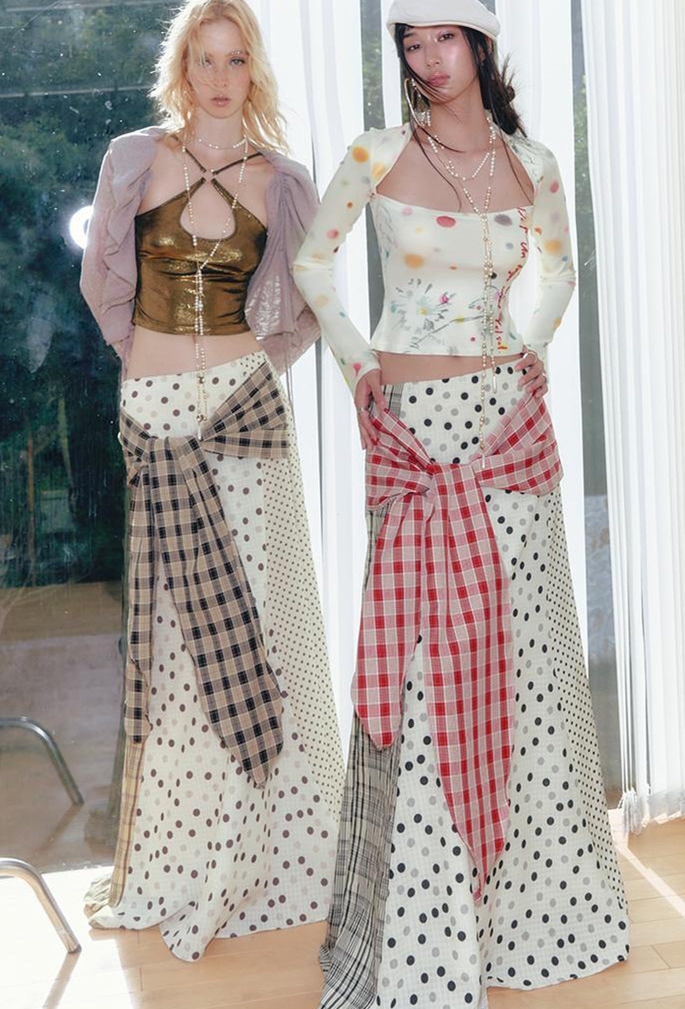 OfAkiva Retro Cute Polka Dot Patchwork Plaid Casual Midi Skirt