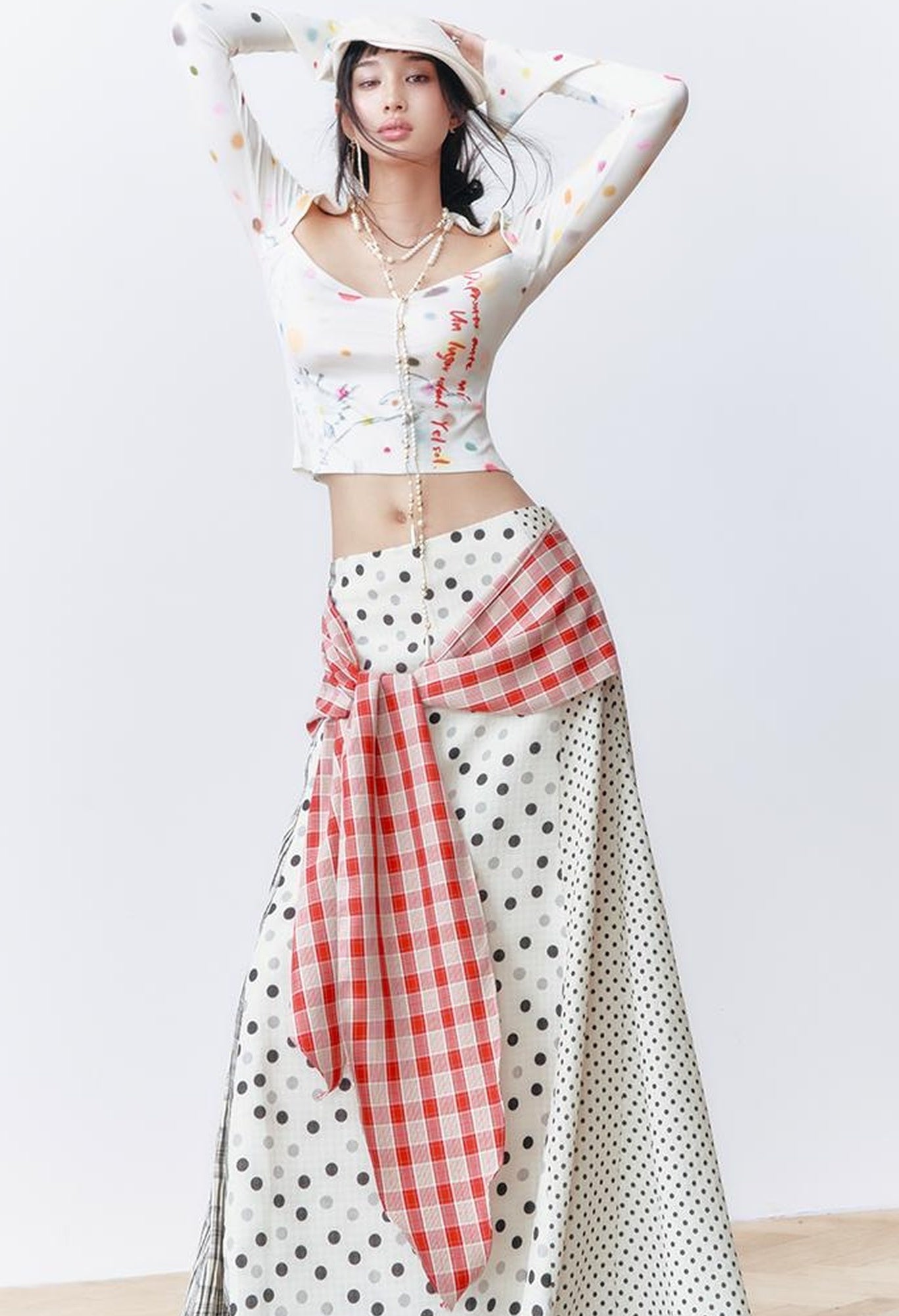 OfAkiva Retro Cute Polka Dot Patchwork Plaid Casual Midi Skirt