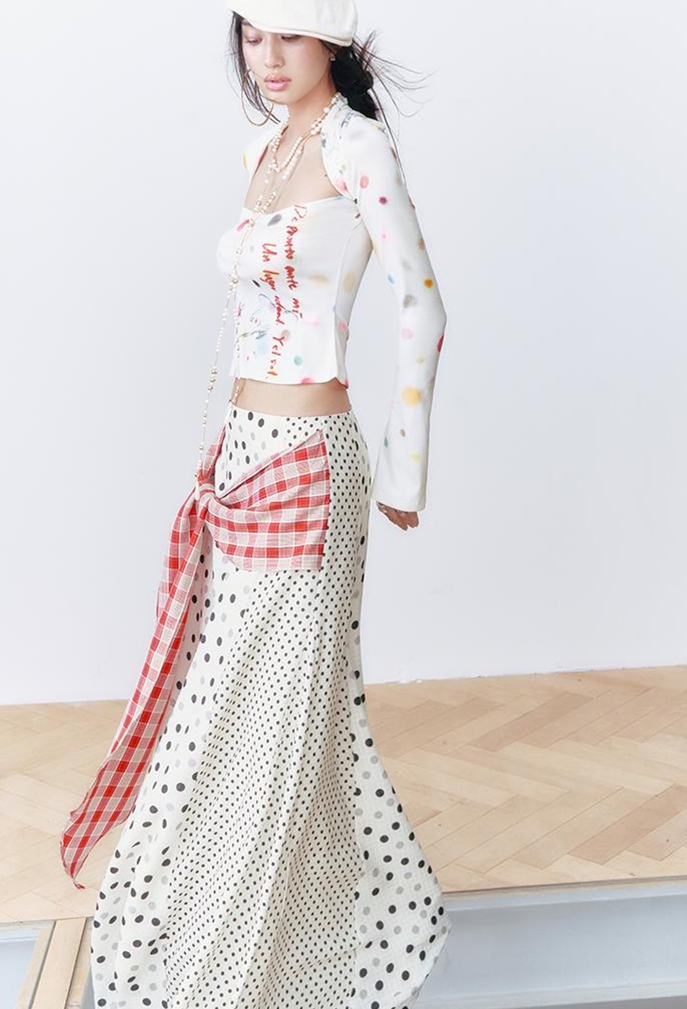 OfAkiva Retro Cute Polka Dot Patchwork Plaid Casual Midi Skirt