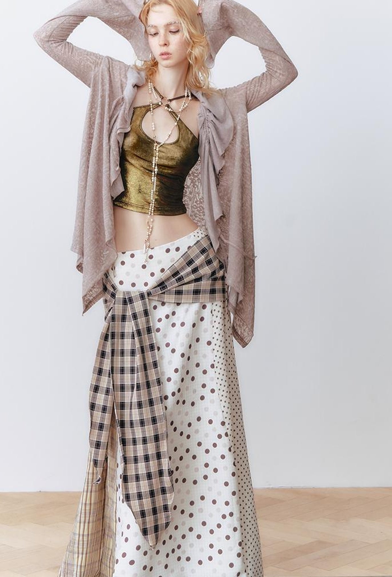 OfAkiva Retro Cute Polka Dot Patchwork Plaid Casual Midi Skirt