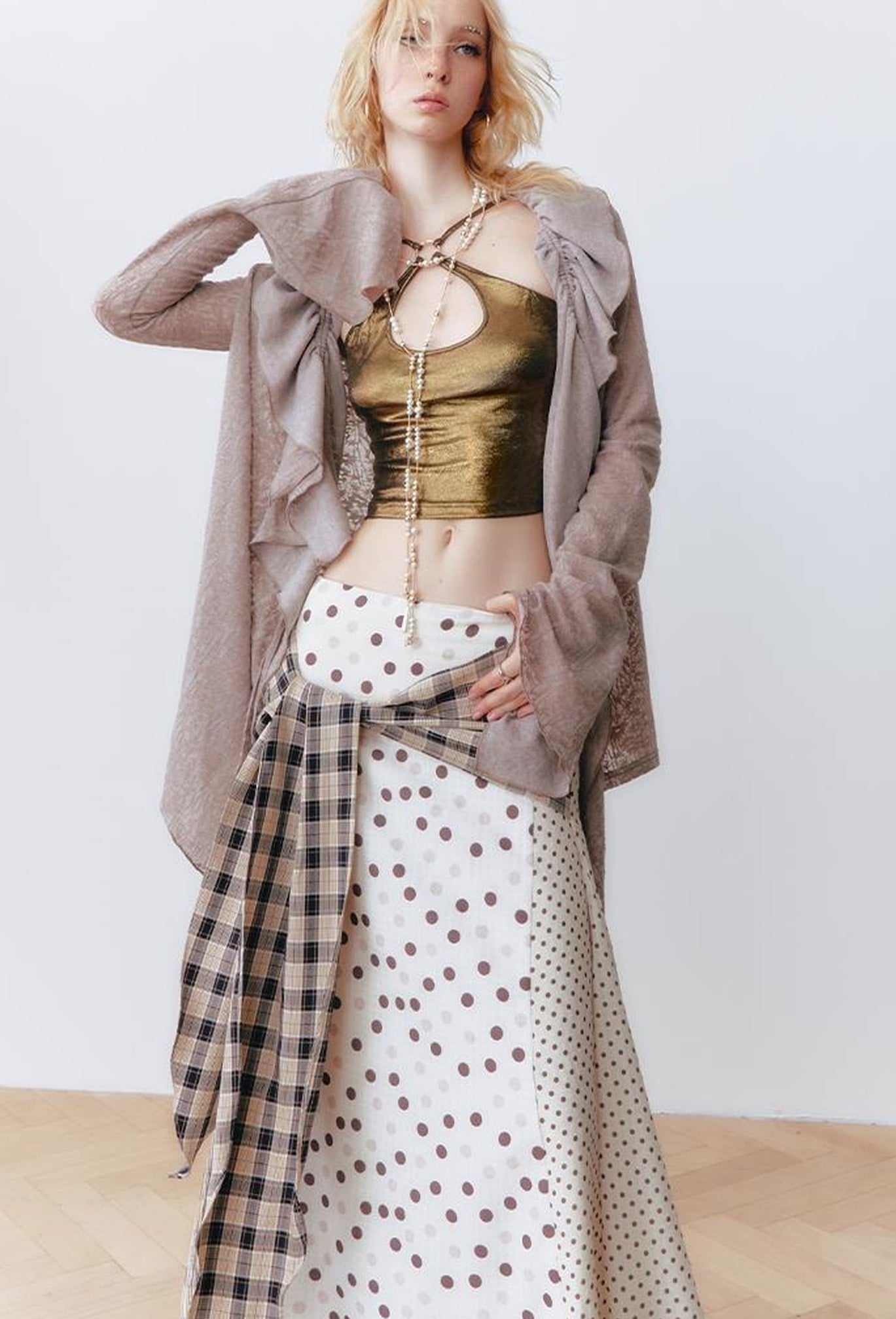 OfAkiva Retro Cute Polka Dot Patchwork Plaid Casual Midi Skirt