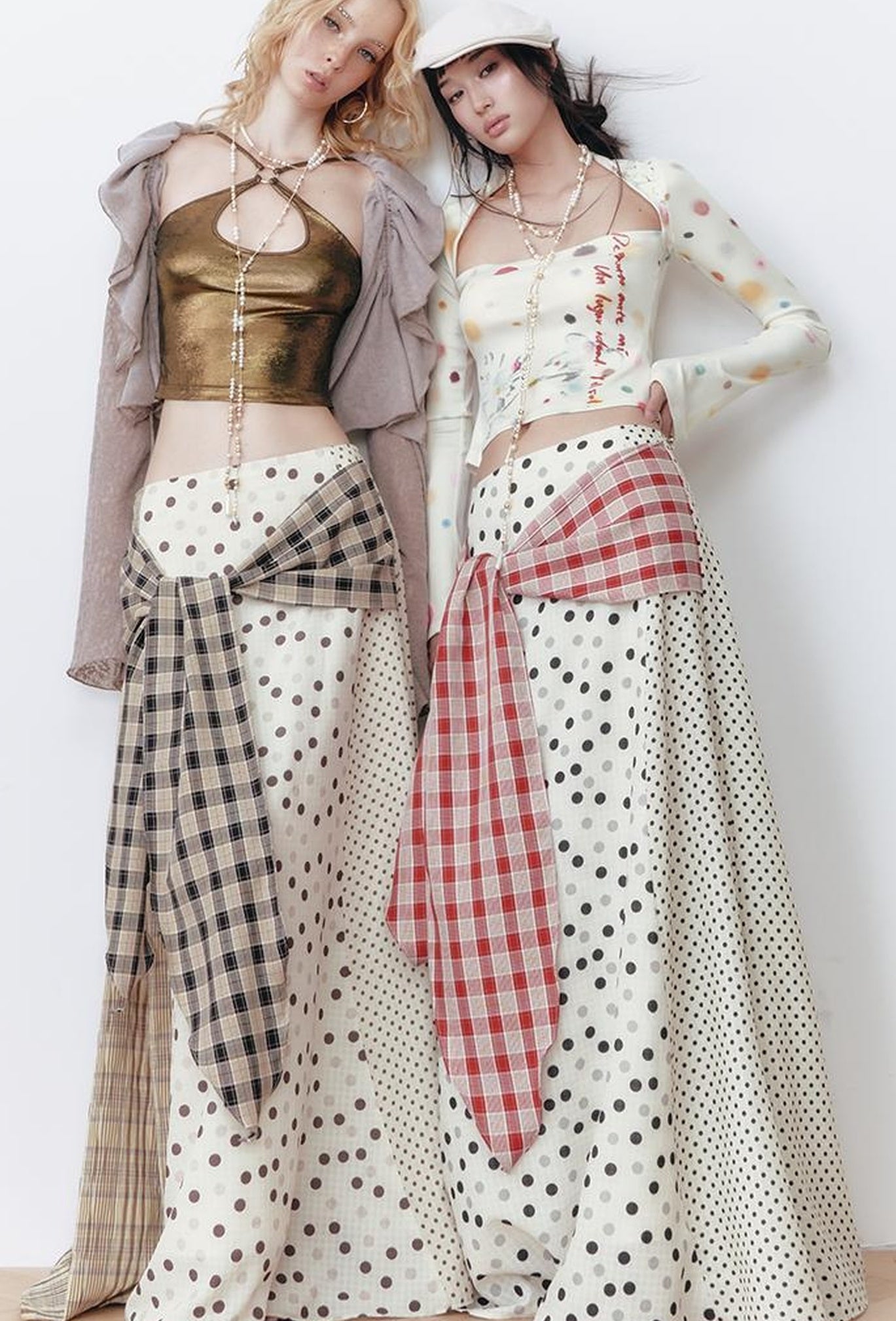 OfAkiva Retro Cute Polka Dot Patchwork Plaid Casual Midi Skirt