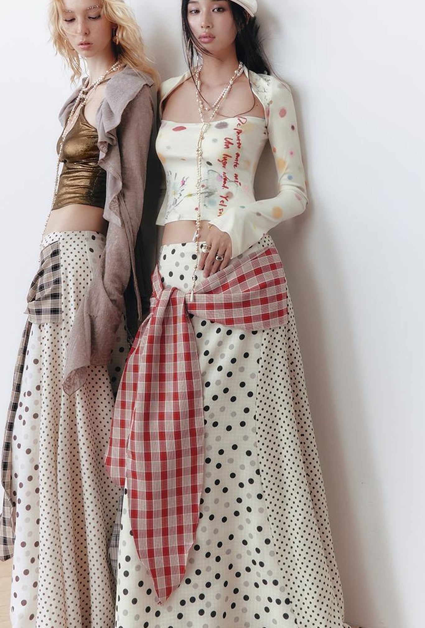 OfAkiva Retro Cute Polka Dot Patchwork Plaid Casual Midi Skirt
