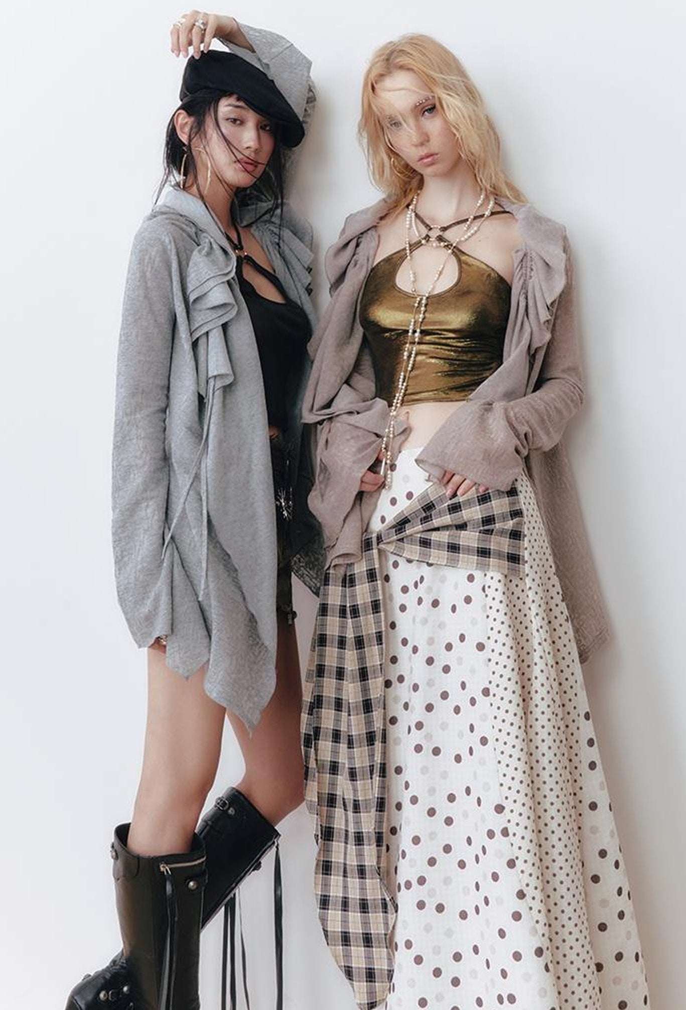 OfAkiva Retro Cute Polka Dot Patchwork Plaid Casual Midi Skirt