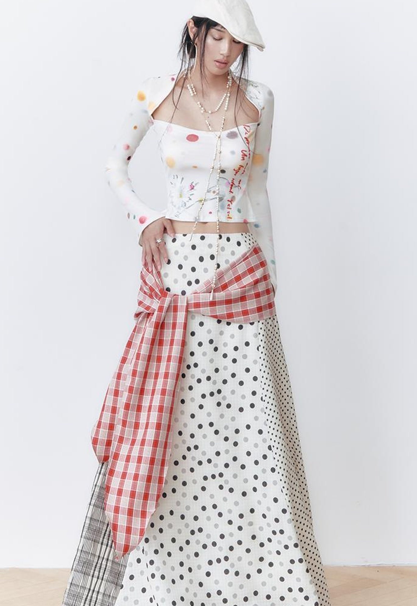 OfAkiva Retro Cute Polka Dot Patchwork Plaid Casual Midi Skirt