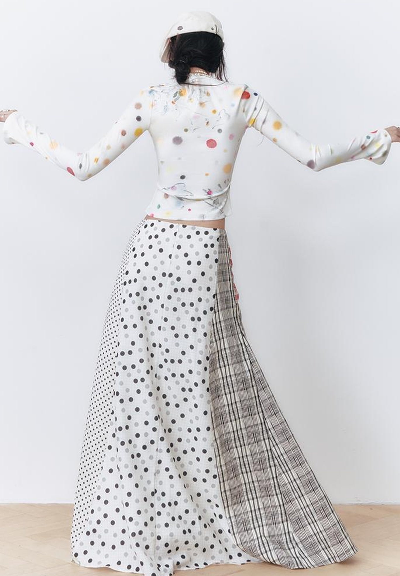 OfAkiva Retro Cute Polka Dot Patchwork Plaid Casual Midi Skirt