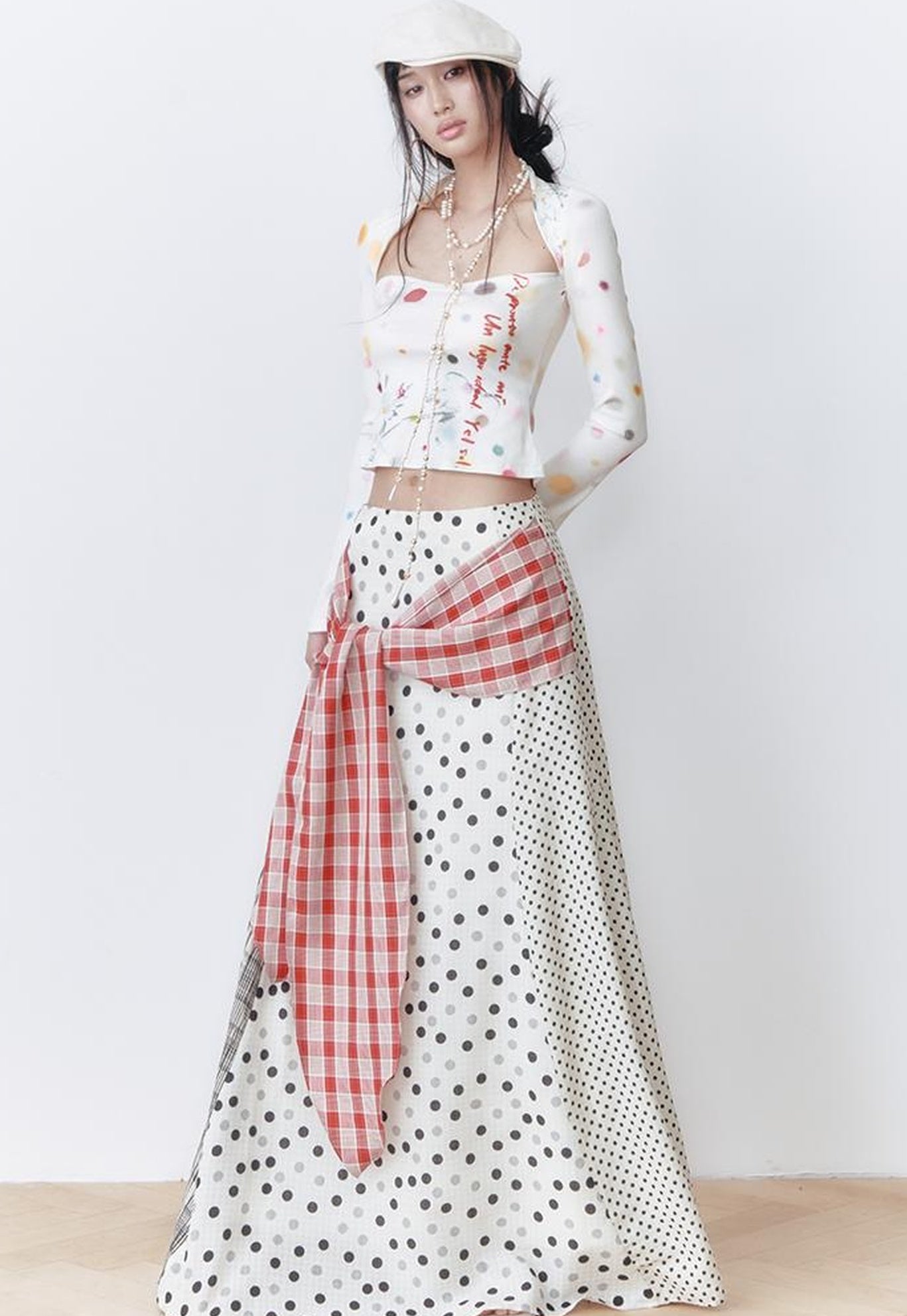 OfAkiva Retro Cute Polka Dot Patchwork Plaid Casual Midi Skirt
