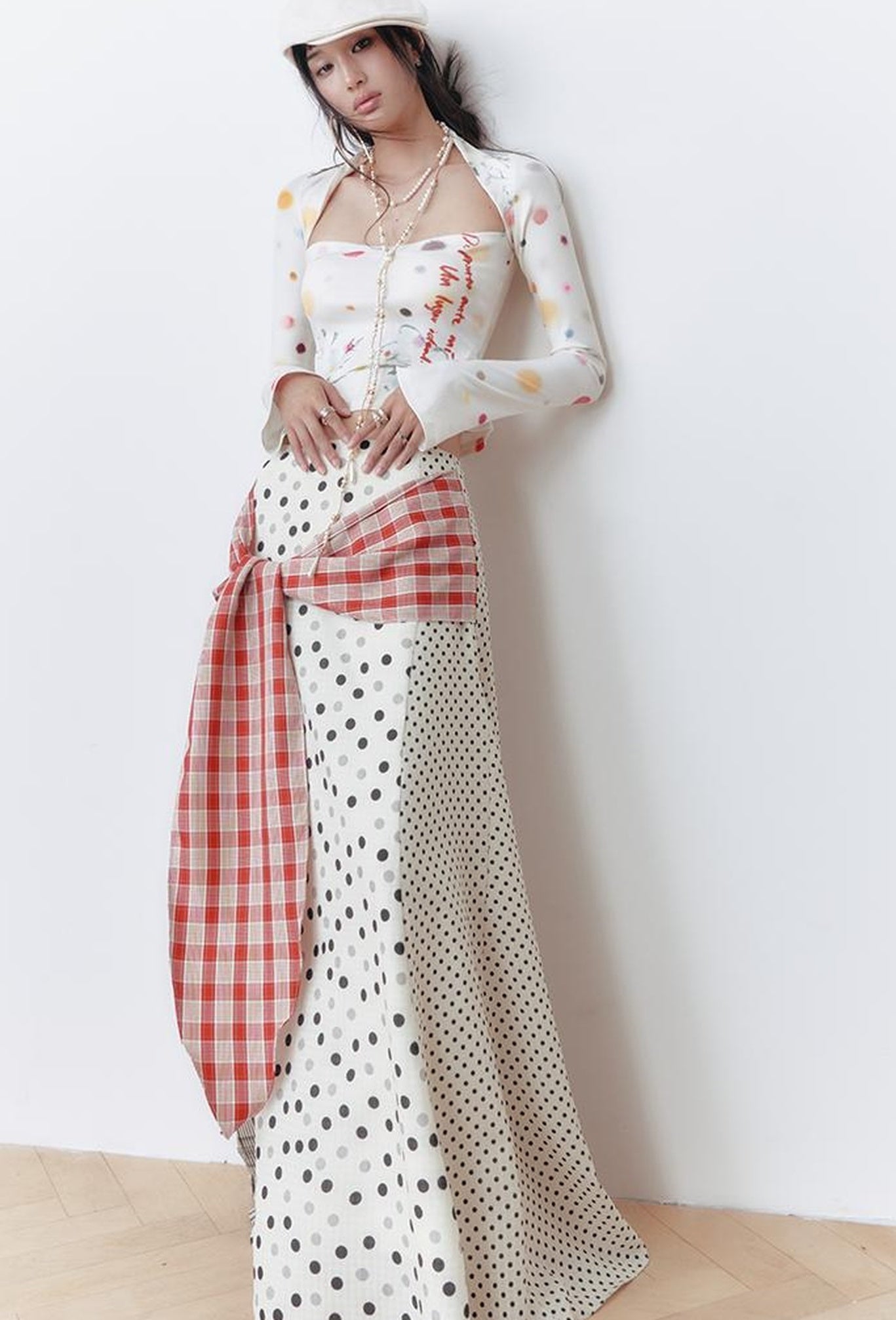 OfAkiva Retro Cute Polka Dot Patchwork Plaid Casual Midi Skirt