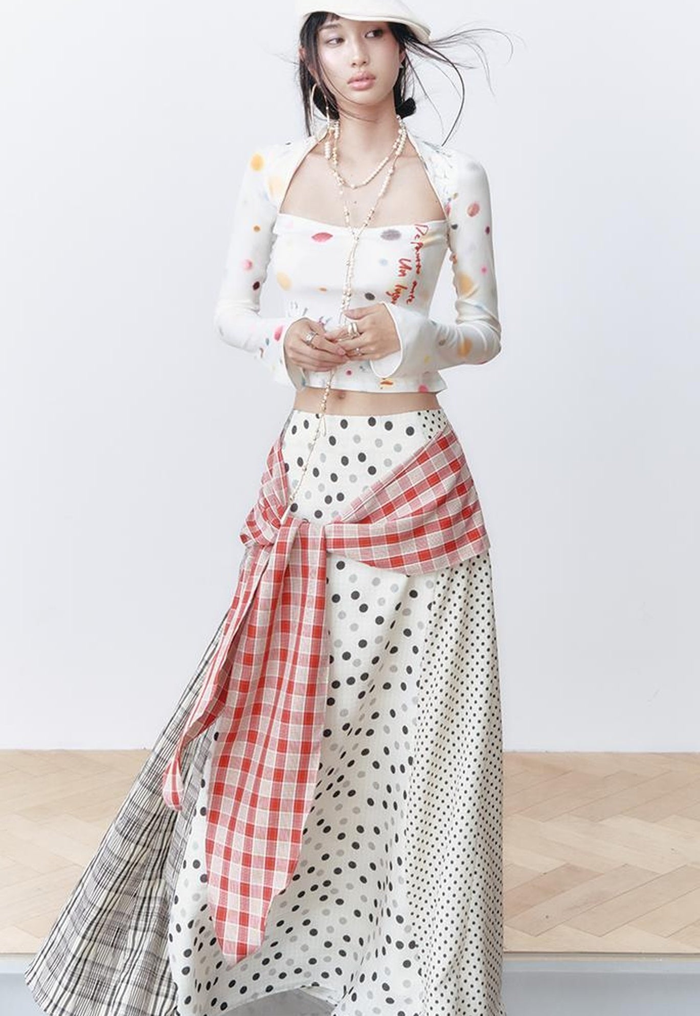 OfAkiva Retro Cute Polka Dot Patchwork Plaid Casual Midi Skirt