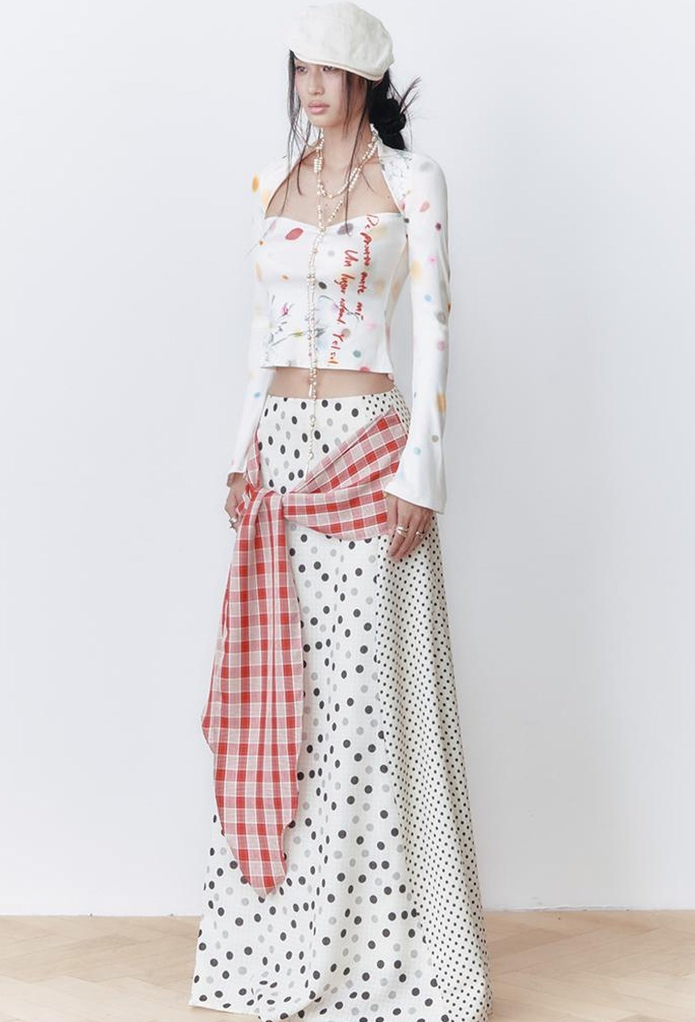 OfAkiva Retro Cute Polka Dot Patchwork Plaid Casual Midi Skirt