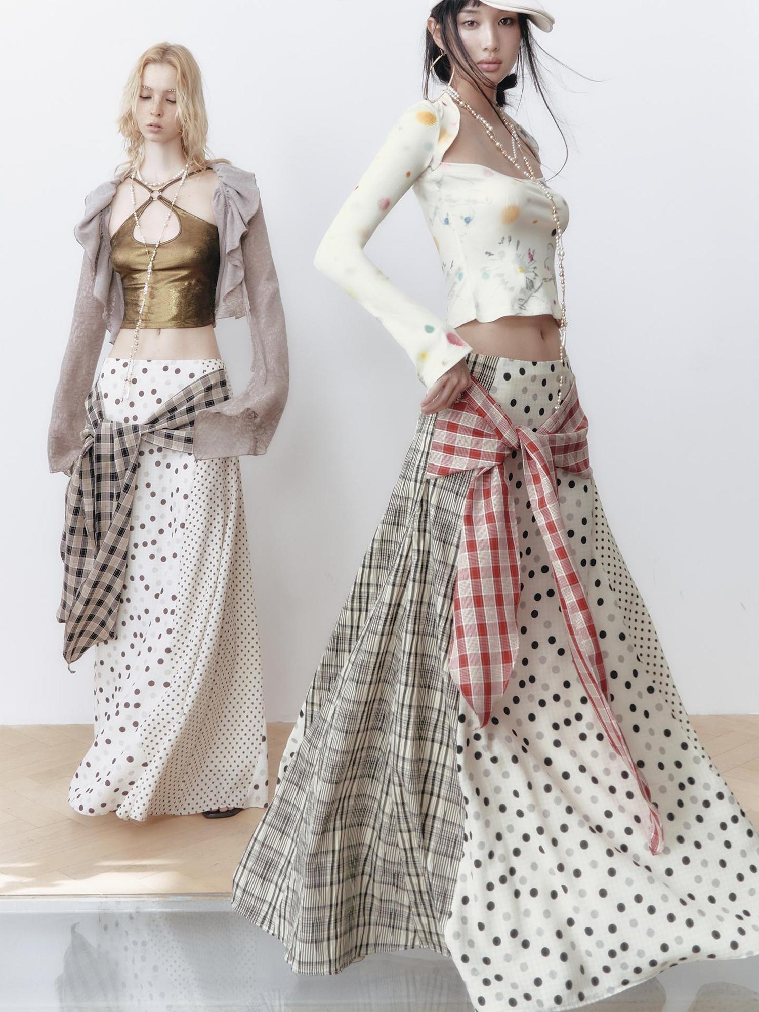 OfAkiva Retro Cute Polka Dot Patchwork Plaid Casual Midi Skirt