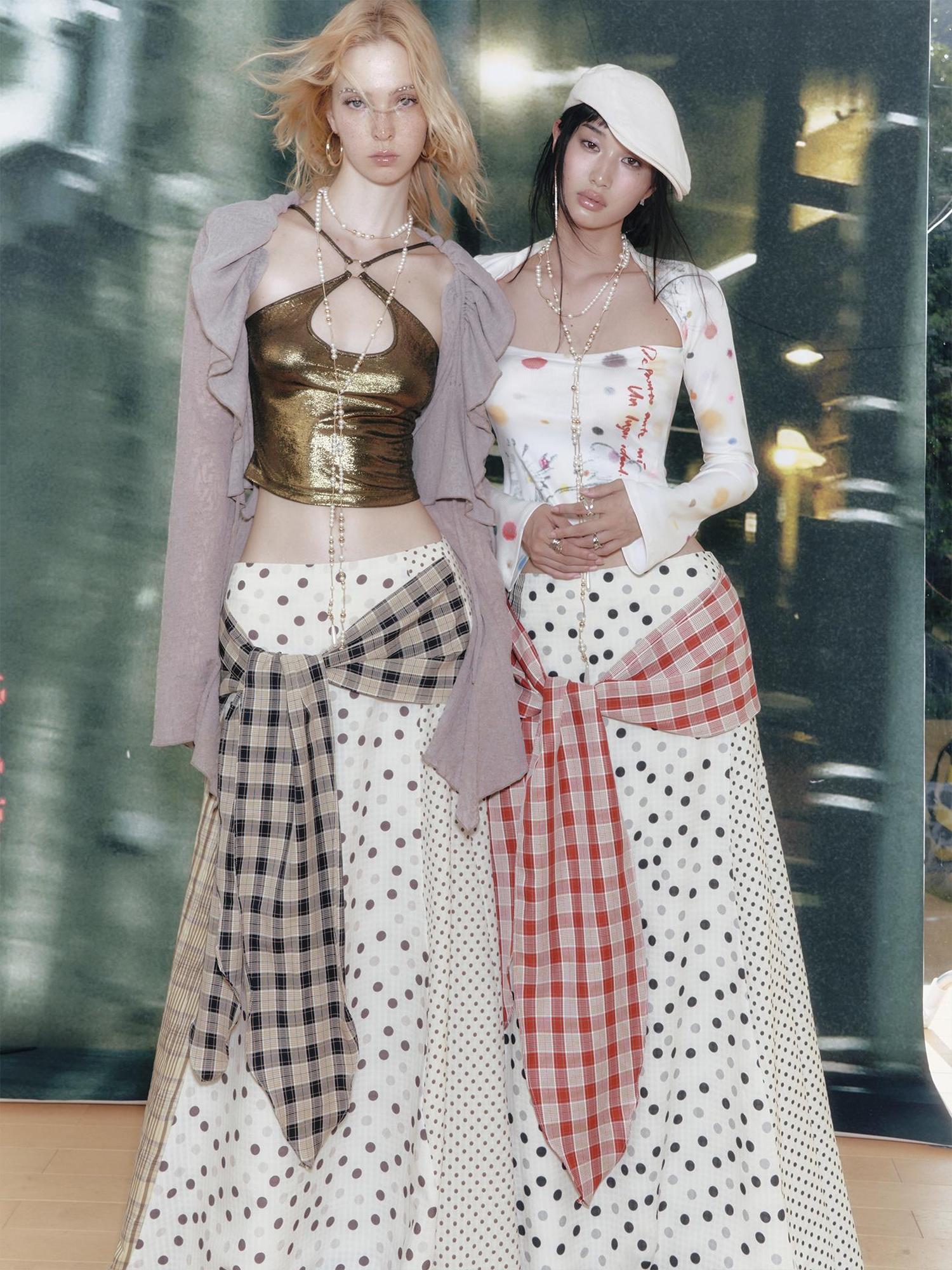 OfAkiva Retro Cute Polka Dot Patchwork Plaid Casual Midi Skirt