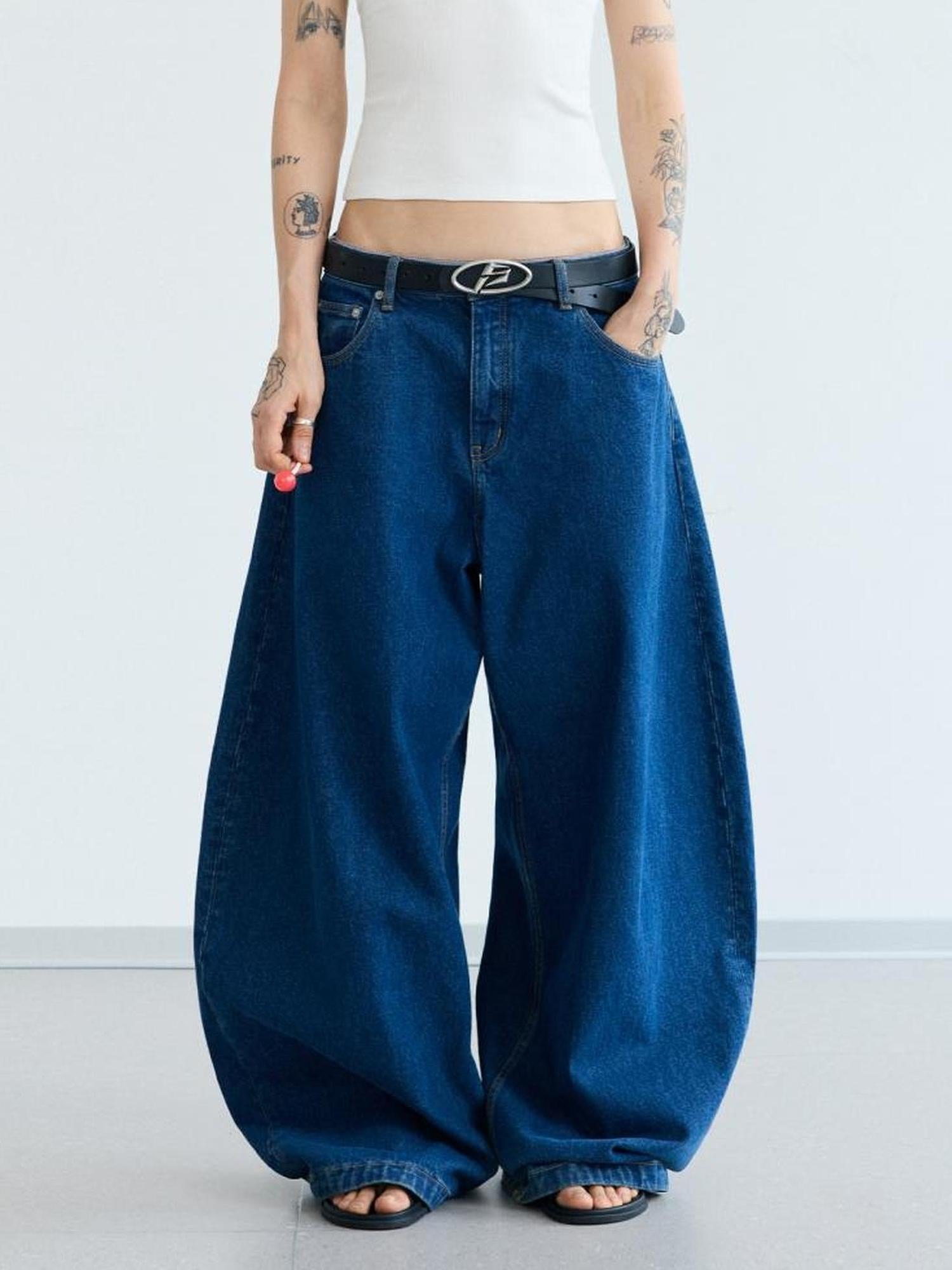 Peoplesense Retro Distressed Curved Blade Wide Leg Jeans