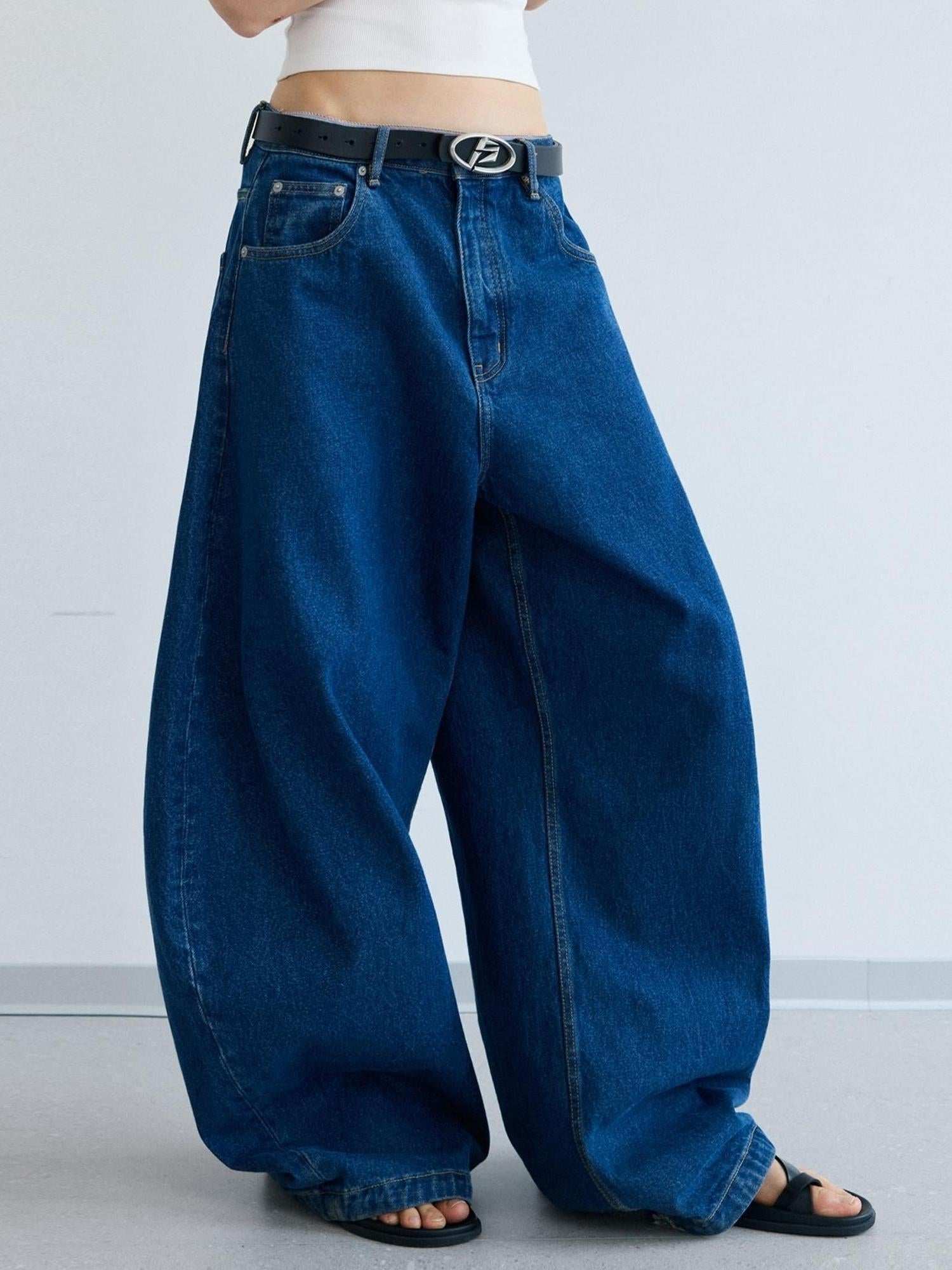 Peoplesense Retro Distressed Curved Blade Wide Leg Jeans