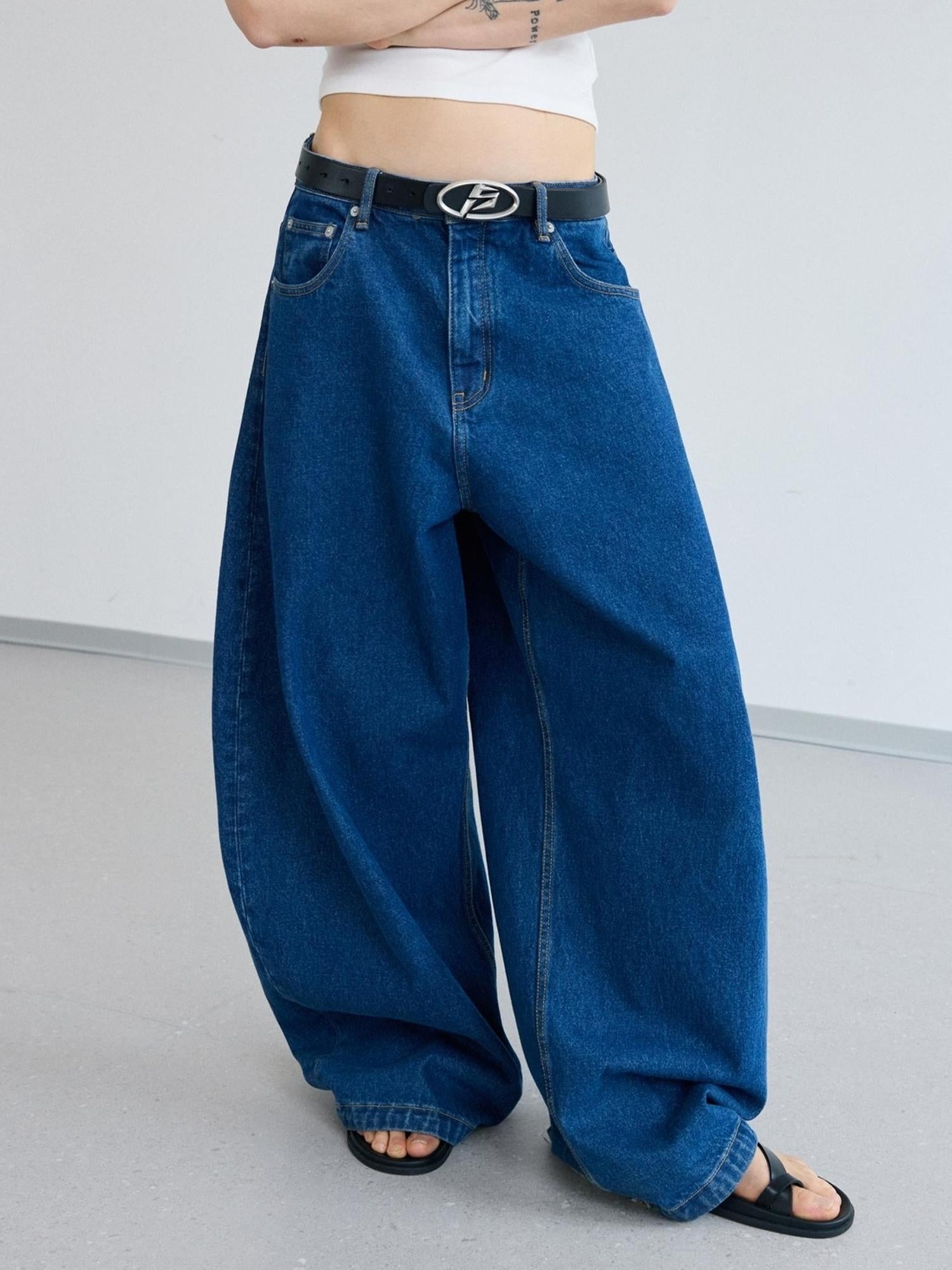 Peoplesense Retro Distressed Curved Blade Wide Leg Jeans