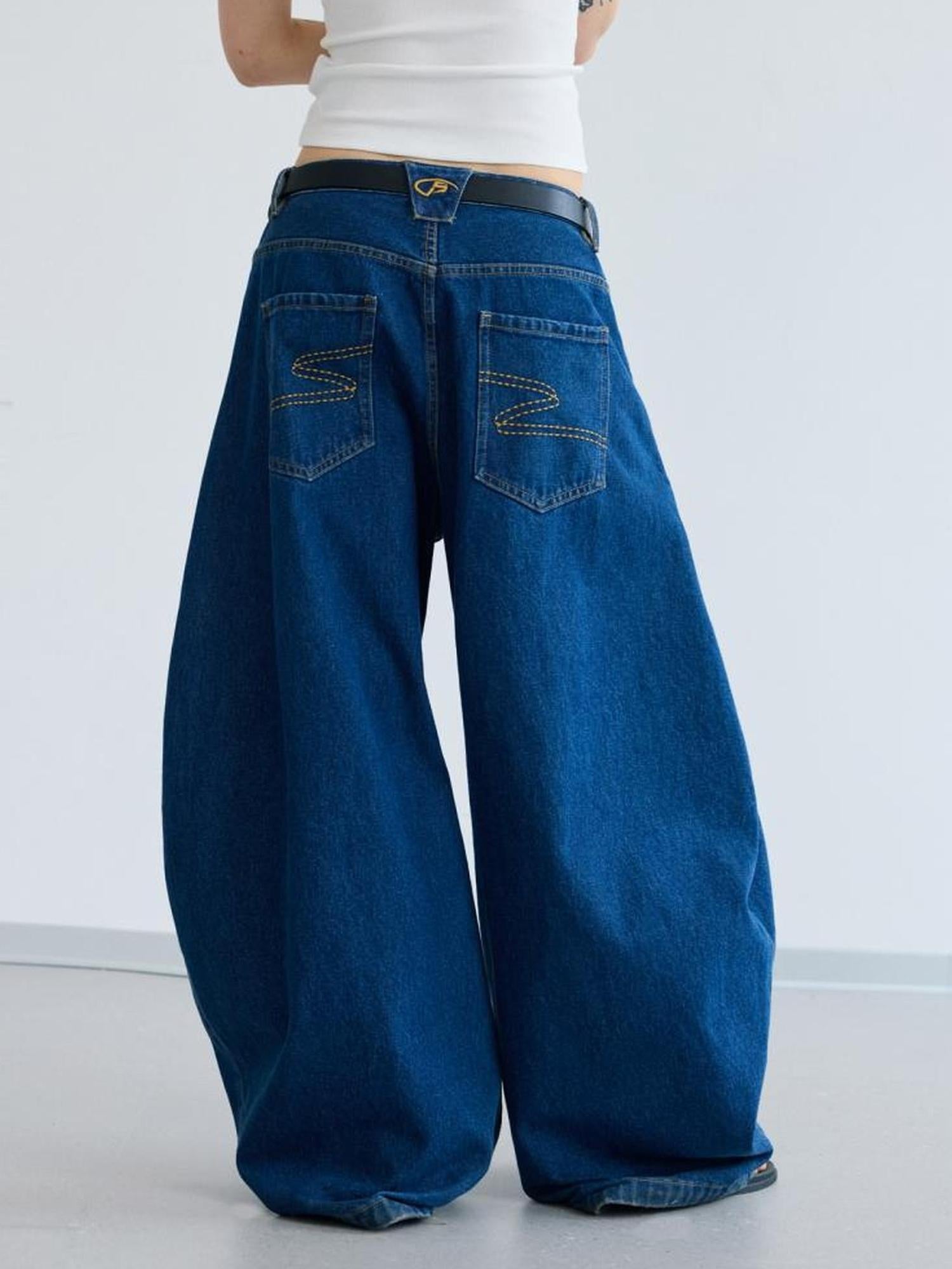 Peoplesense Retro Distressed Curved Blade Wide Leg Jeans