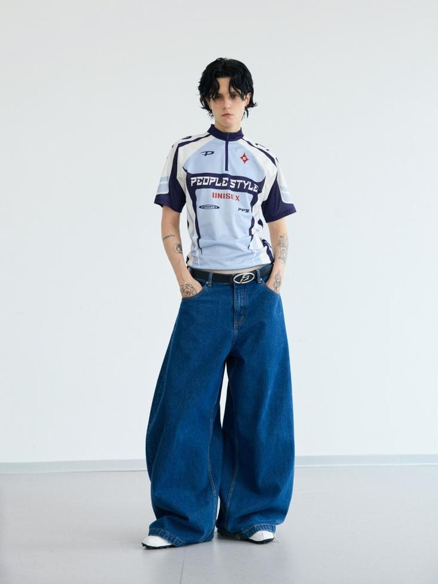 Peoplesense Retro Distressed Curved Blade Wide Leg Jeans