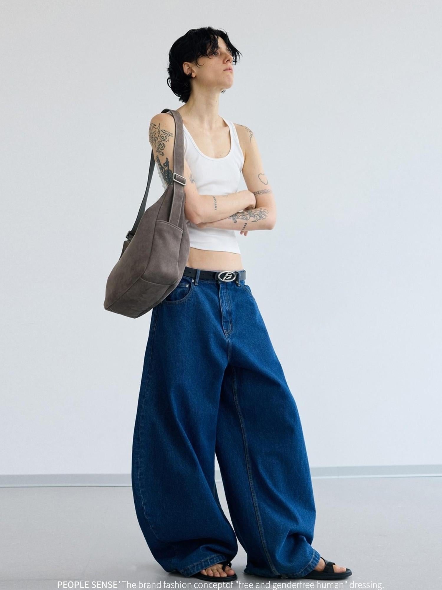 Peoplesense Retro Distressed Curved Blade Wide Leg Jeans