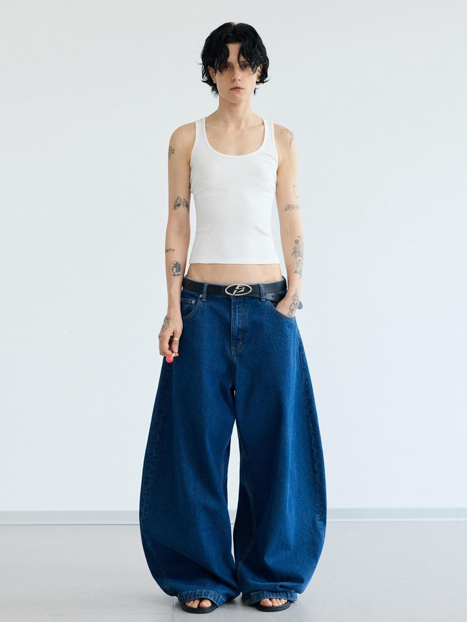 Peoplesense Retro Distressed Curved Blade Wide Leg Jeans