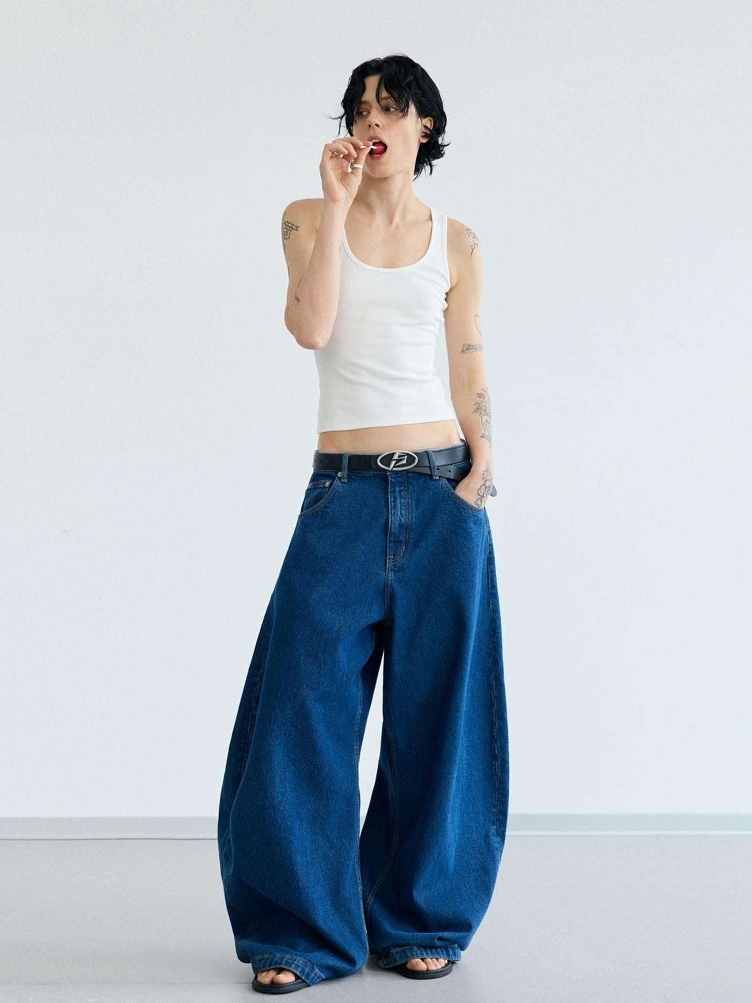 Peoplesense Retro Distressed Curved Blade Wide Leg Jeans