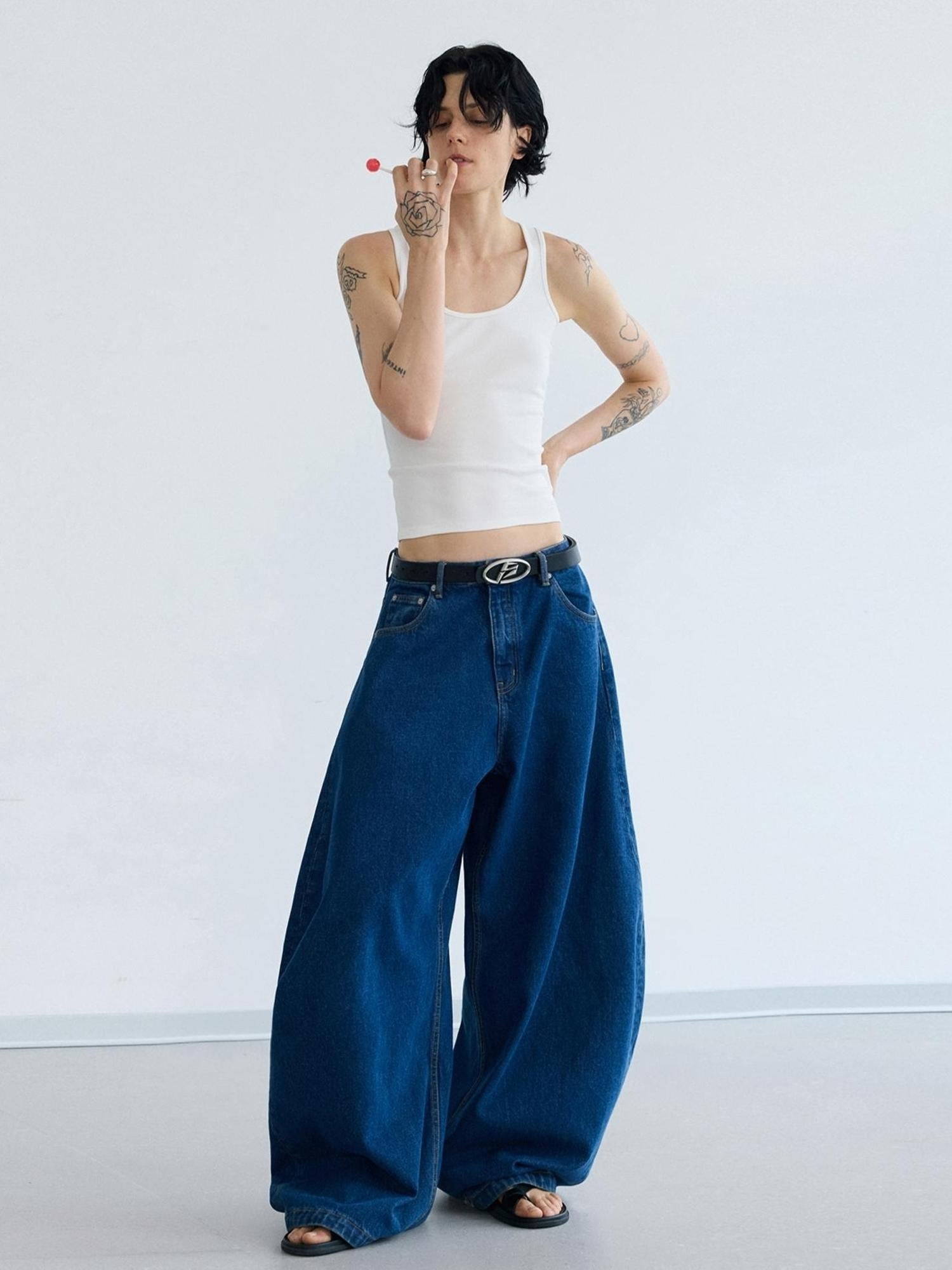 Peoplesense Retro Distressed Curved Blade Wide Leg Jeans