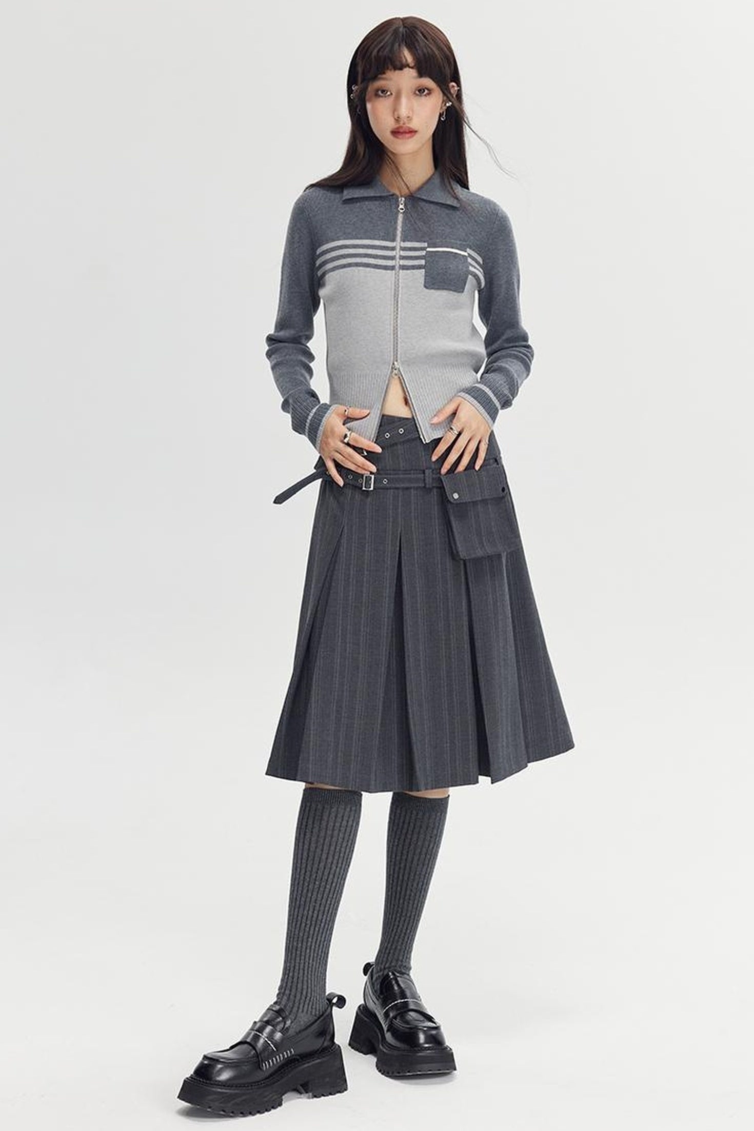DIDDI MODA Retro Dual Zip Colorblock Knit Sweater