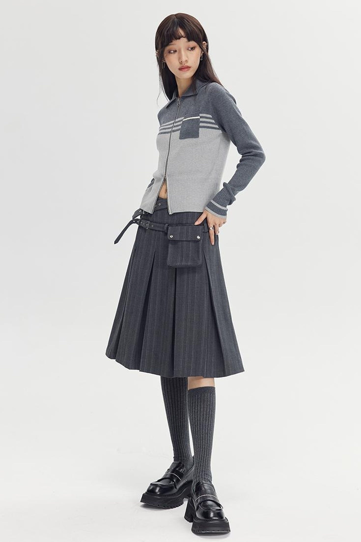 DIDDI MODA Retro Dual Zip Colorblock Knit Sweater