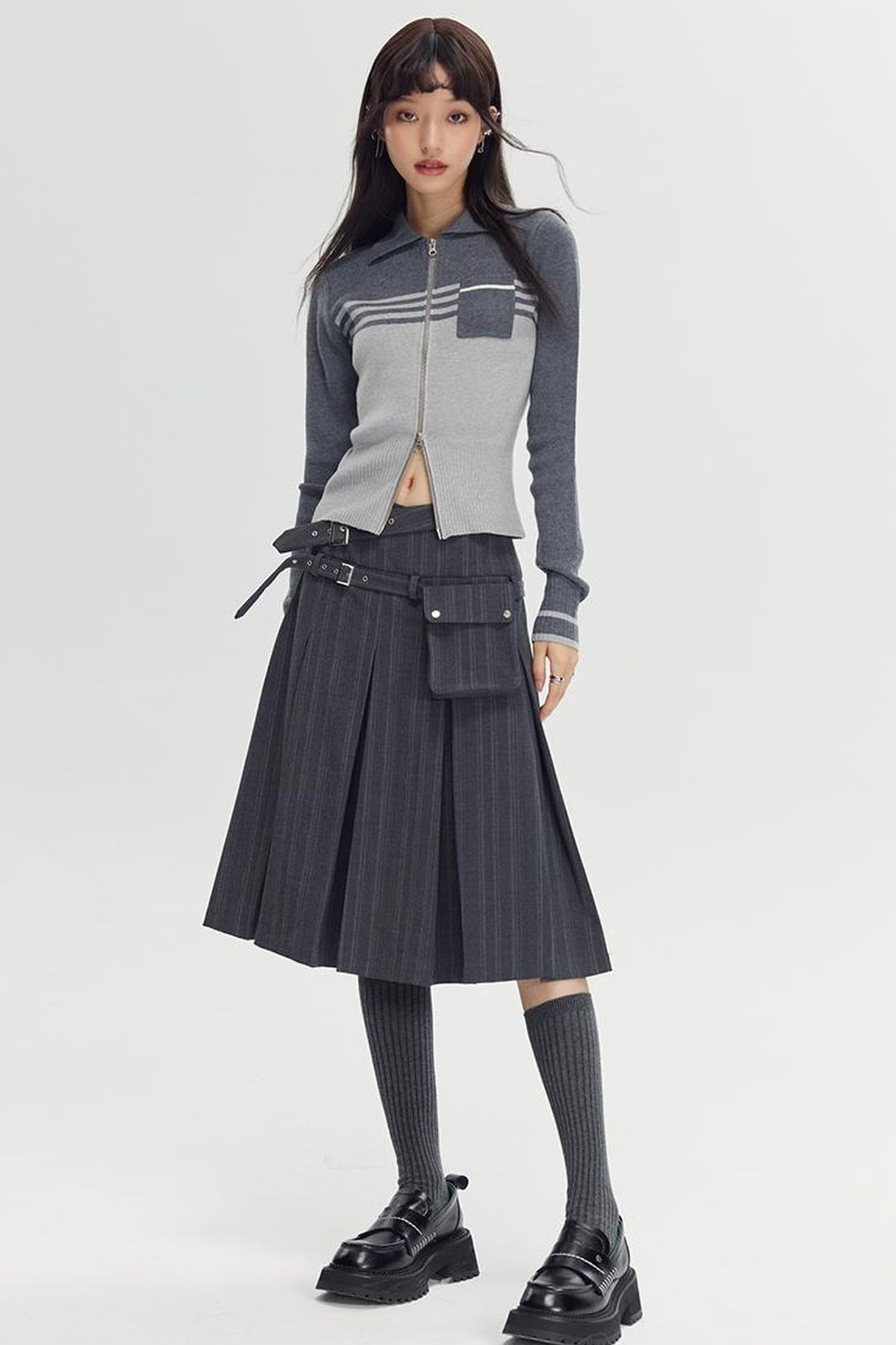 DIDDI MODA Retro Dual Zip Colorblock Knit Sweater