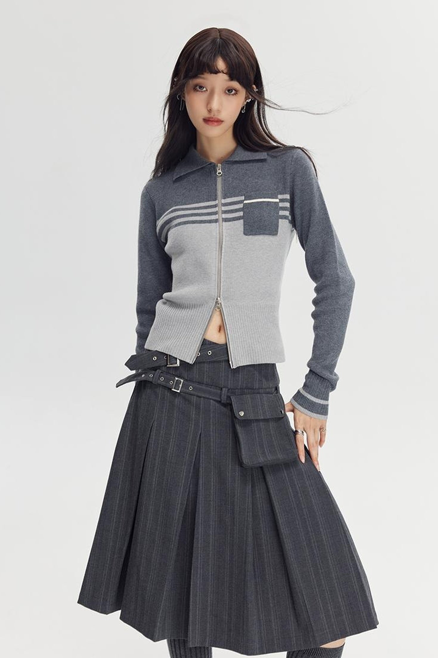 DIDDI MODA Retro Dual Zip Colorblock Knit Sweater