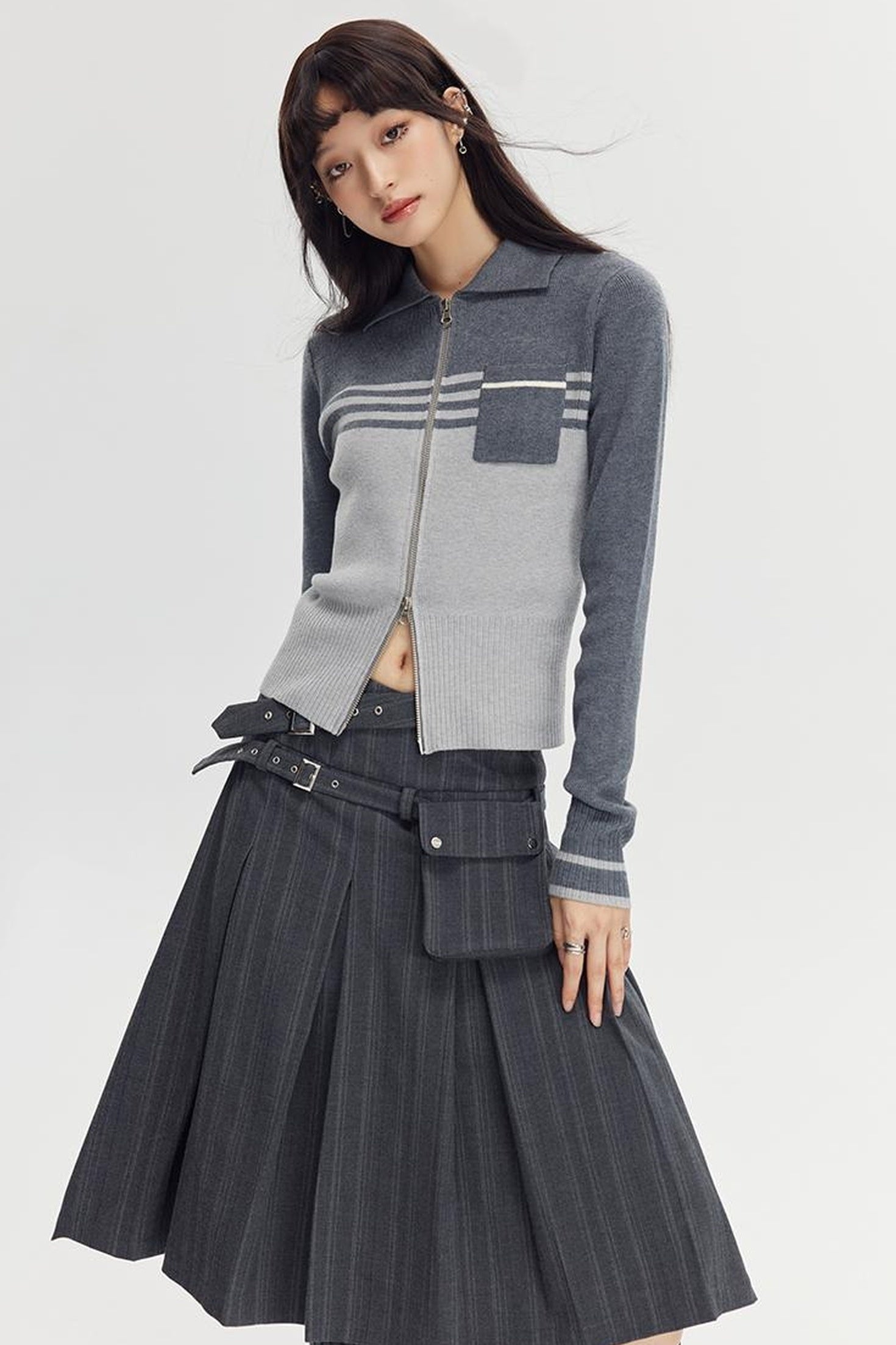 DIDDI MODA Retro Dual Zip Colorblock Knit Sweater