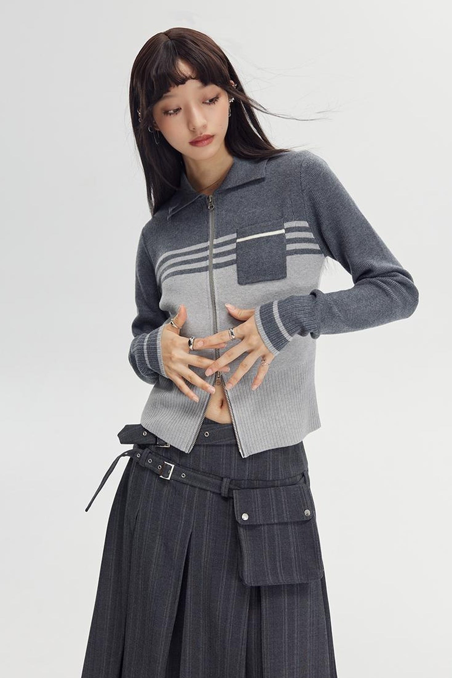 DIDDI MODA Retro Dual Zip Colorblock Knit Sweater