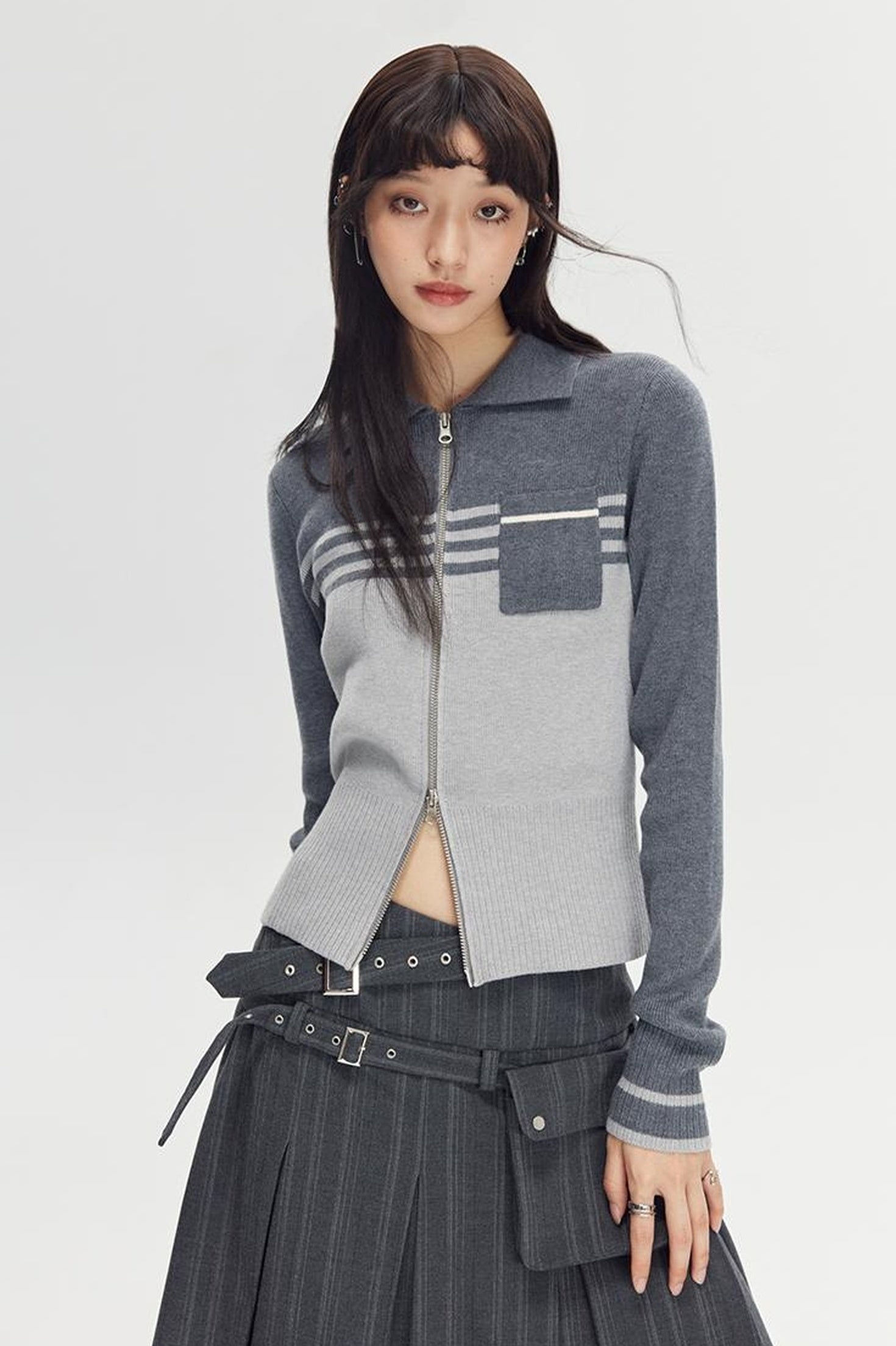 DIDDI MODA Retro Dual Zip Colorblock Knit Sweater