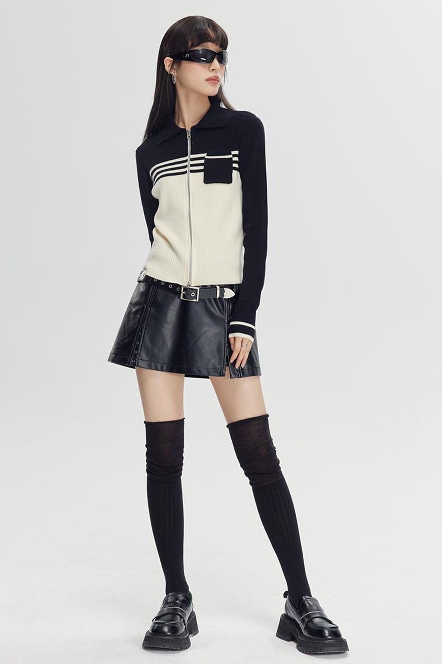 DIDDI MODA Retro Dual Zip Colorblock Knit Sweater