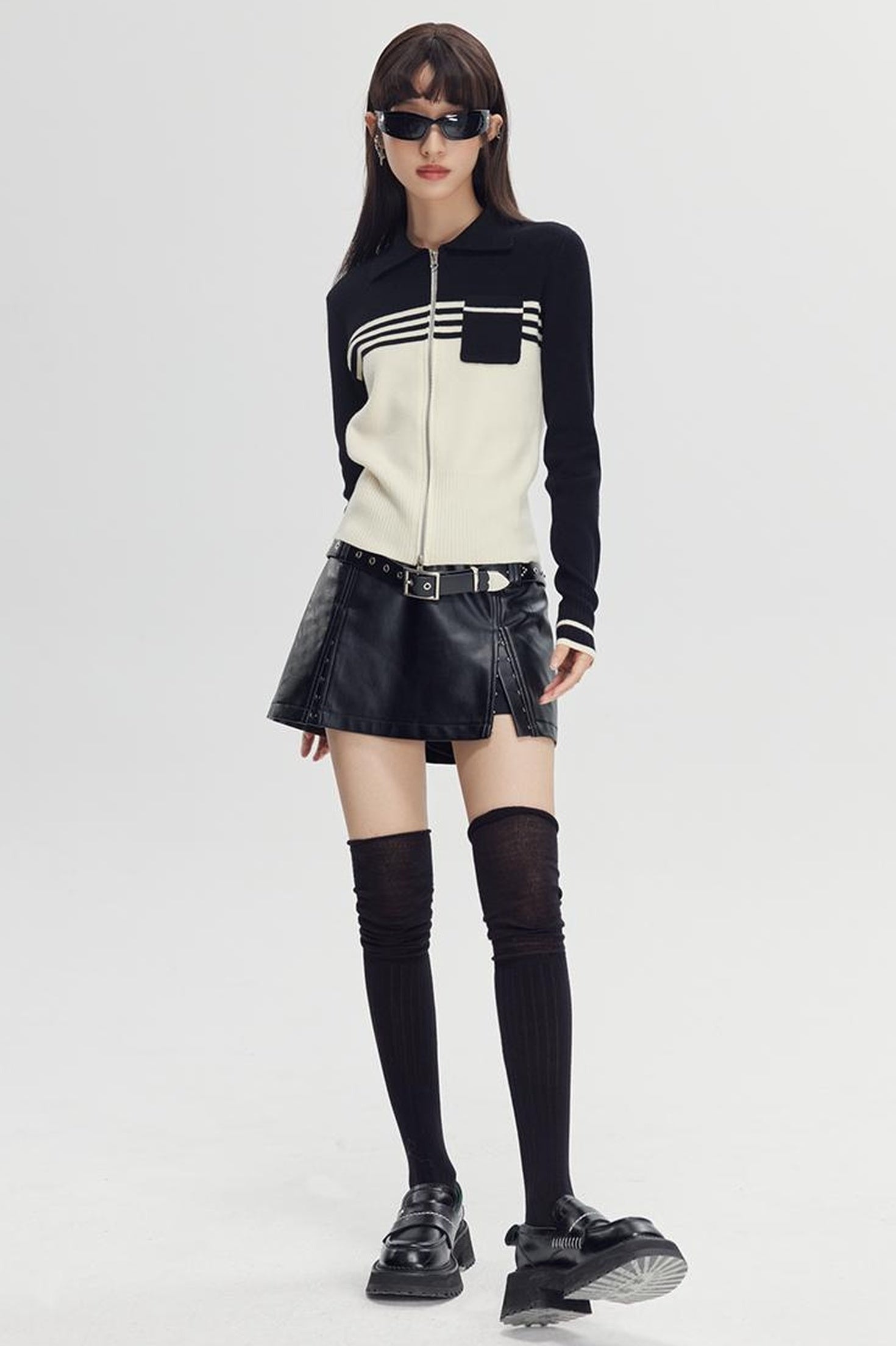 DIDDI MODA Retro Dual Zip Colorblock Knit Sweater