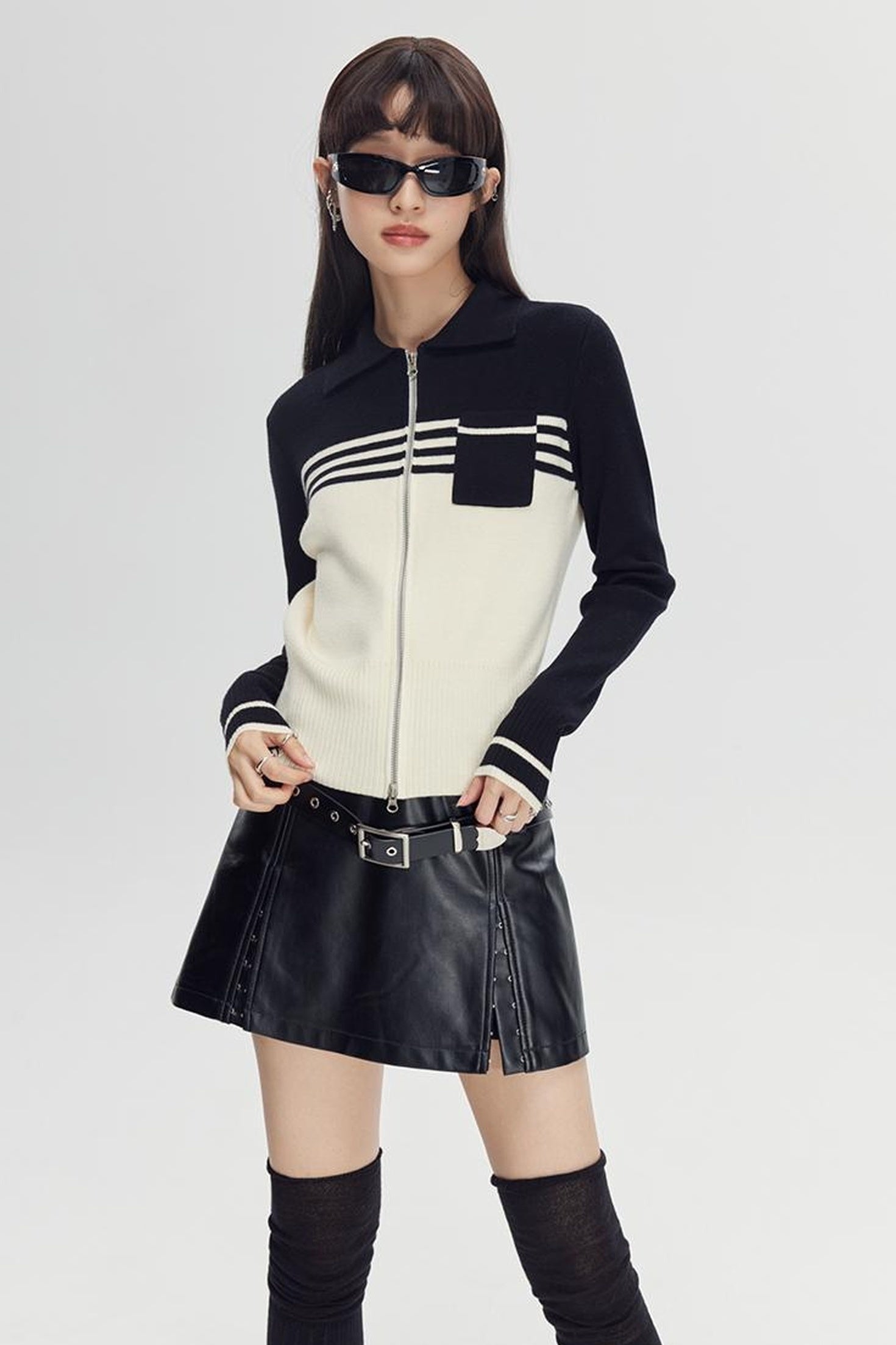 DIDDI MODA Retro Dual Zip Colorblock Knit Sweater