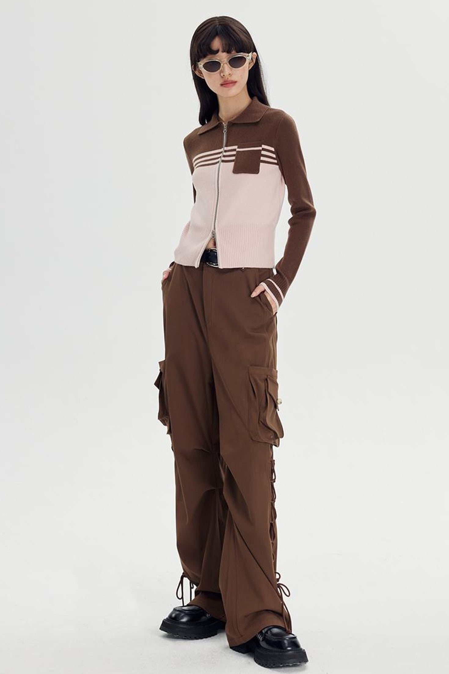 DIDDI MODA Retro Dual Zip Colorblock Knit Sweater