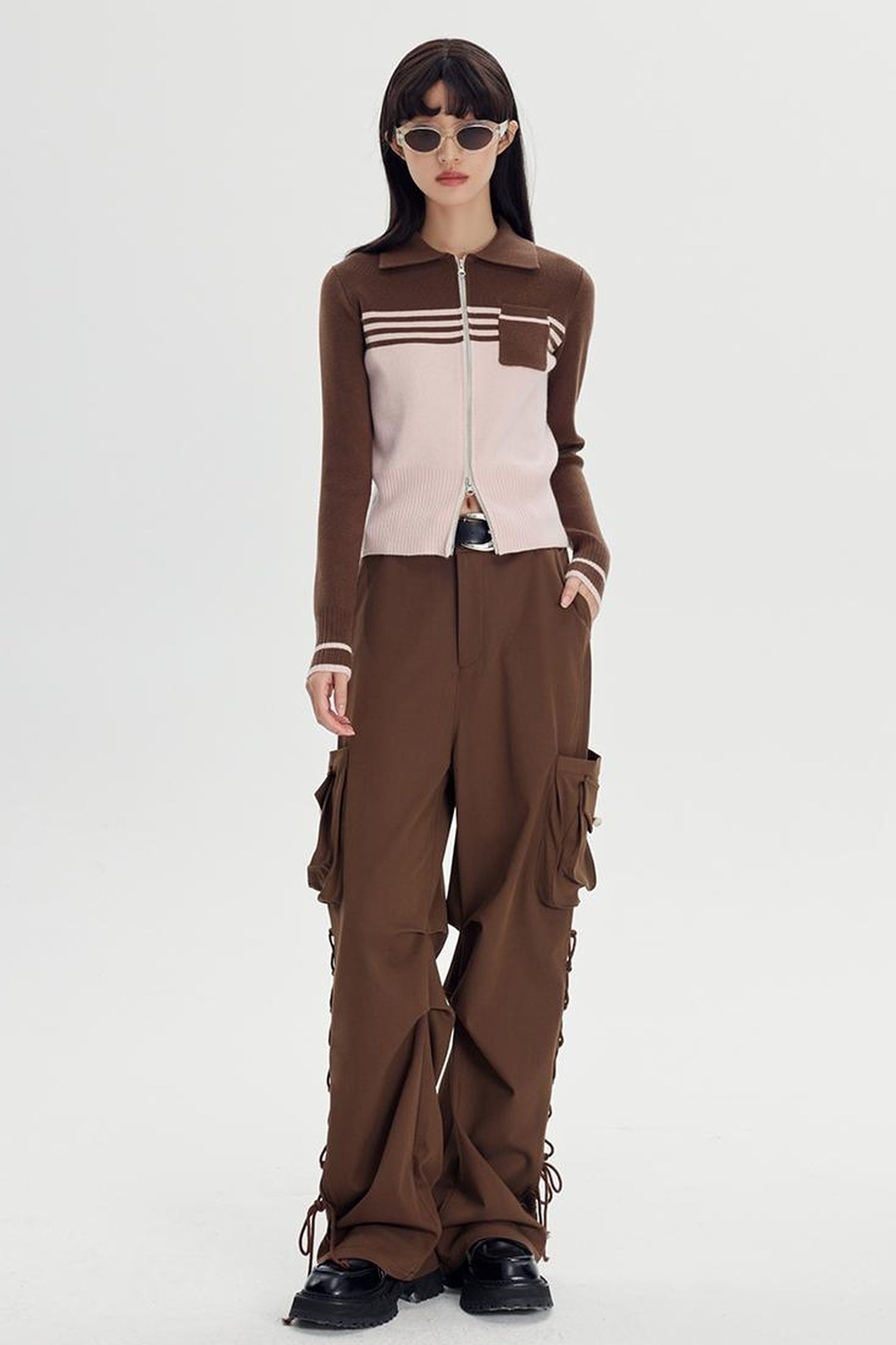 DIDDI MODA Retro Dual Zip Colorblock Knit Sweater