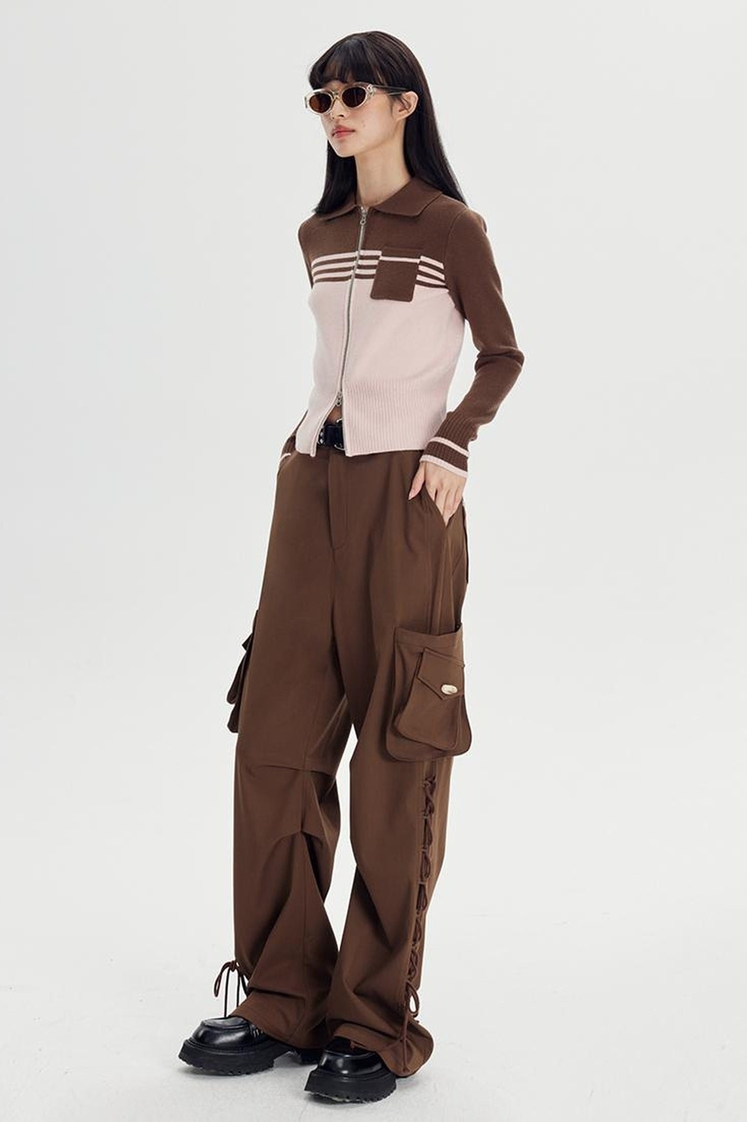 DIDDI MODA Retro Dual Zip Colorblock Knit Sweater