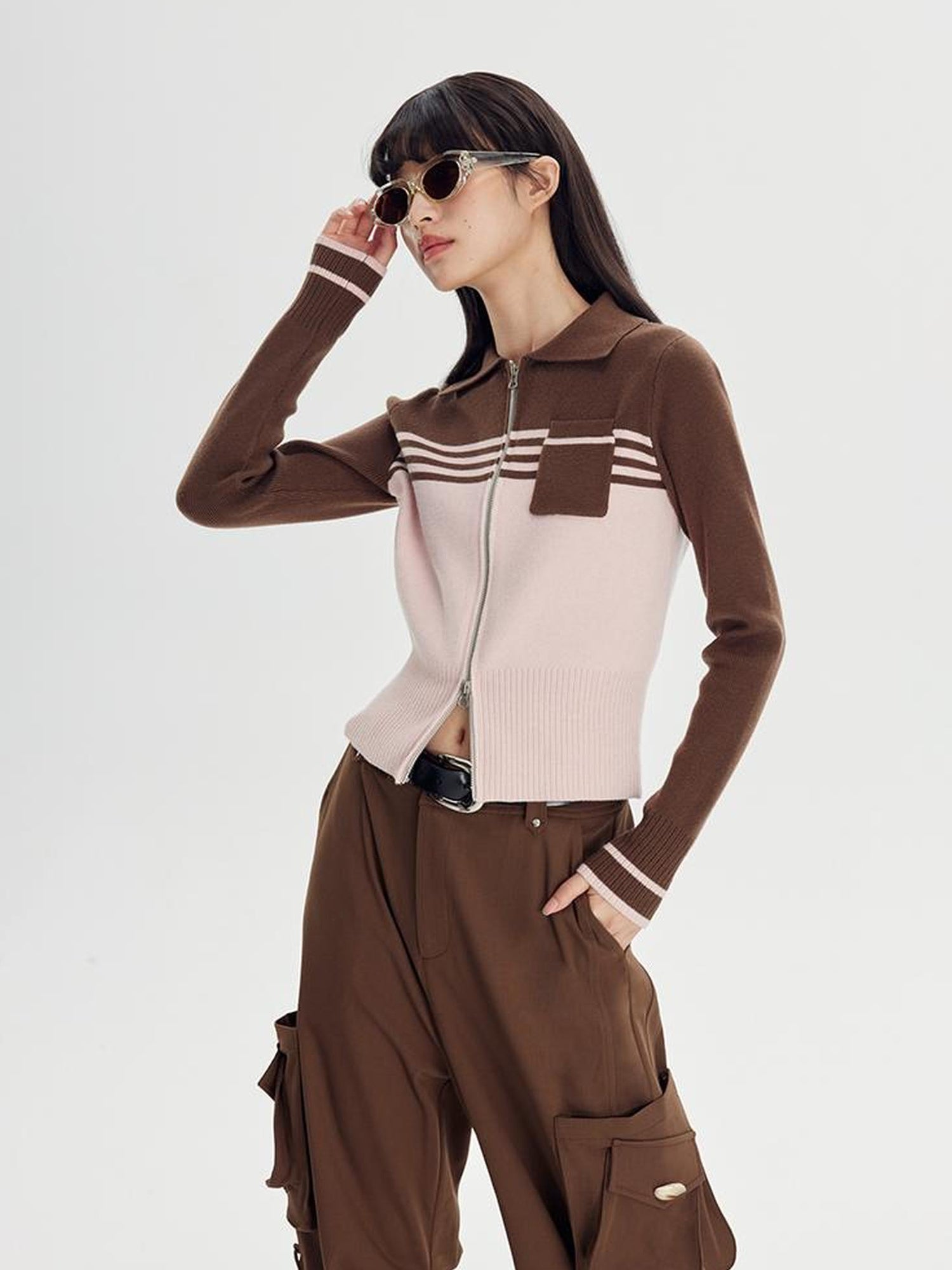 DIDDI MODA Retro Dual Zip Colorblock Knit Sweater