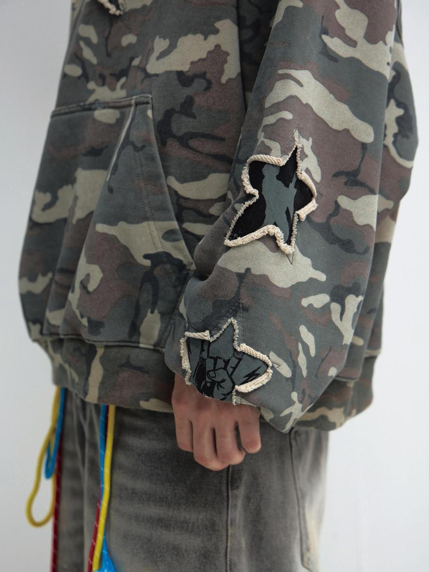 Peoplesense Retro Embroidered Camo Hoodie Unisex Washed Loose Pullover