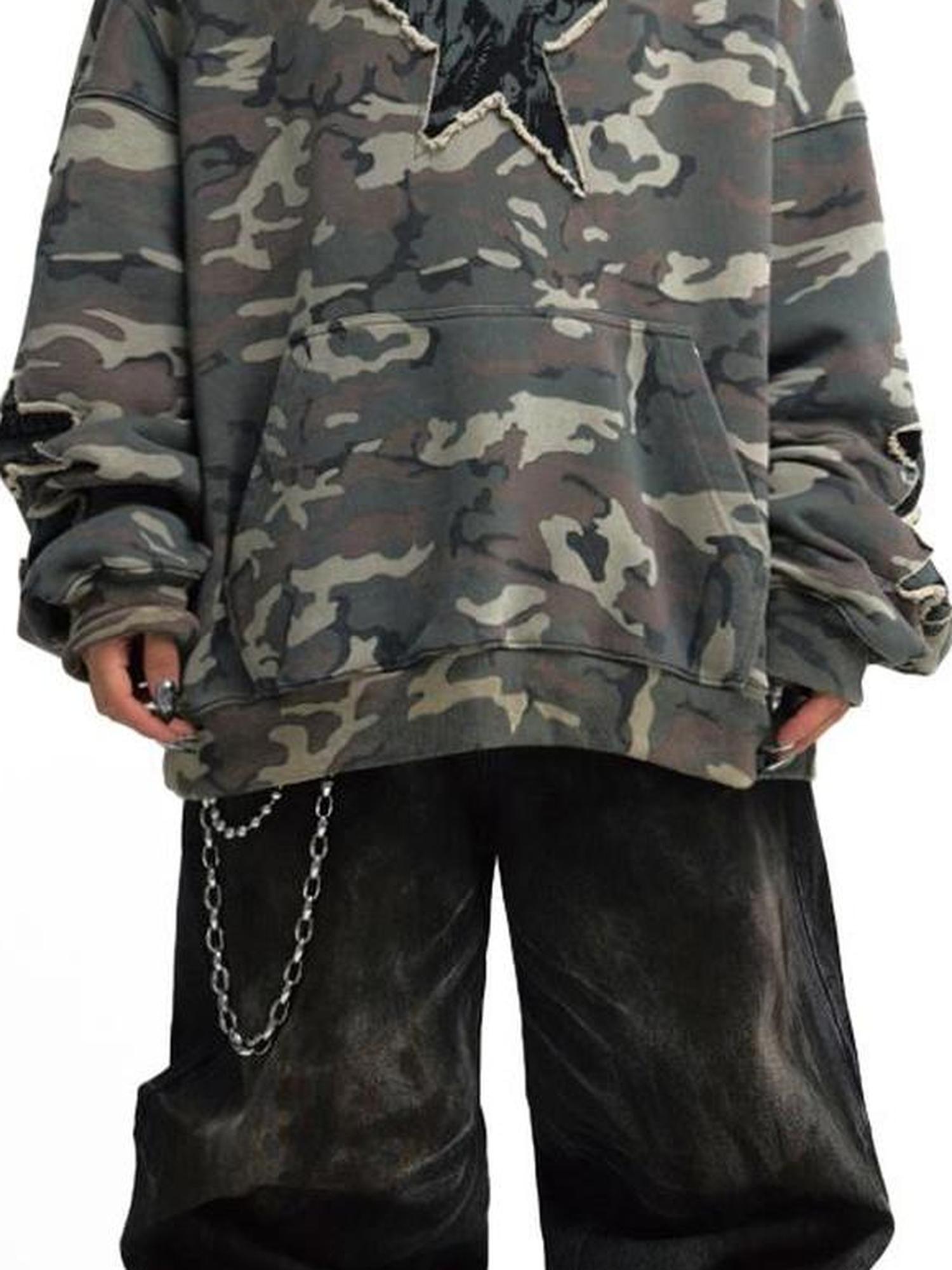 Peoplesense Retro Embroidered Camo Hoodie Unisex Washed Loose Pullover
