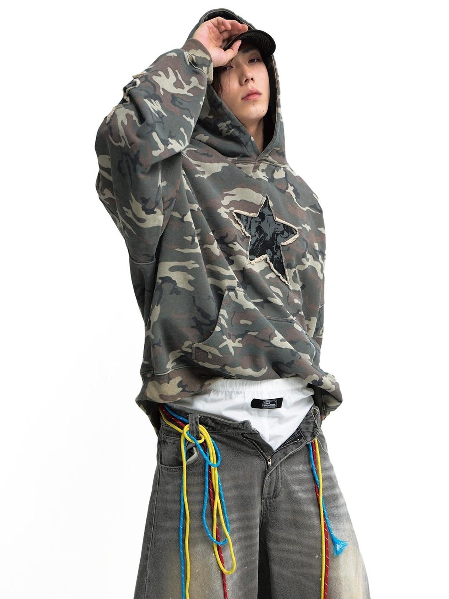 Peoplesense Retro Embroidered Camo Hoodie Unisex Washed Loose Pullover