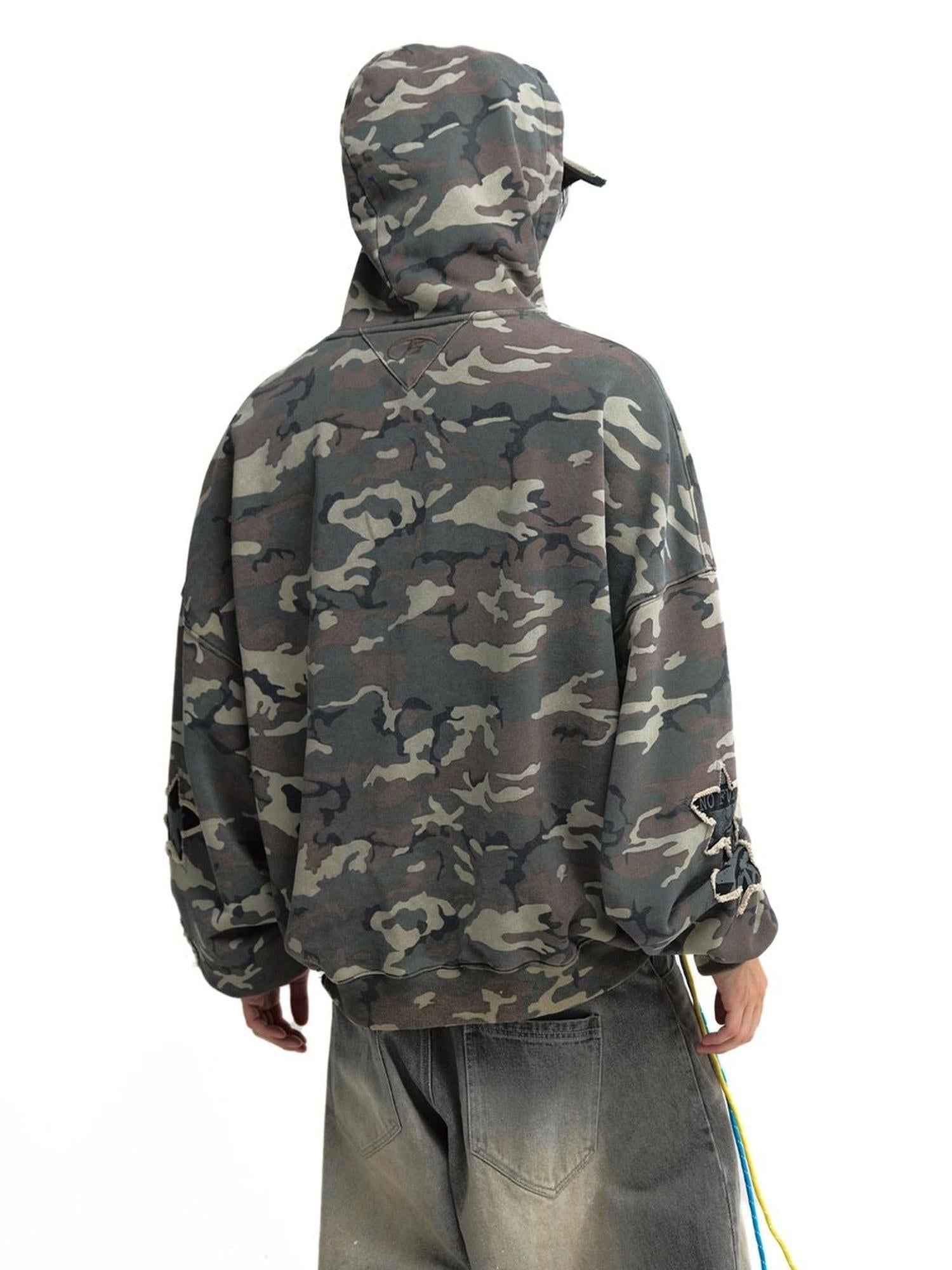 Peoplesense Retro Embroidered Camo Hoodie Unisex Washed Loose Pullover